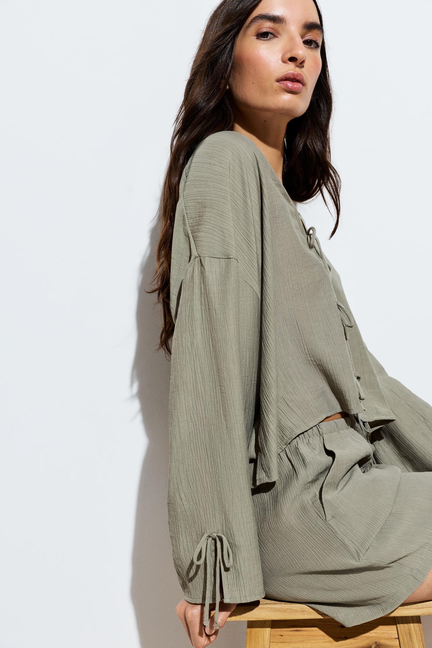 Textured tie-front shirt — PALE KHAKI