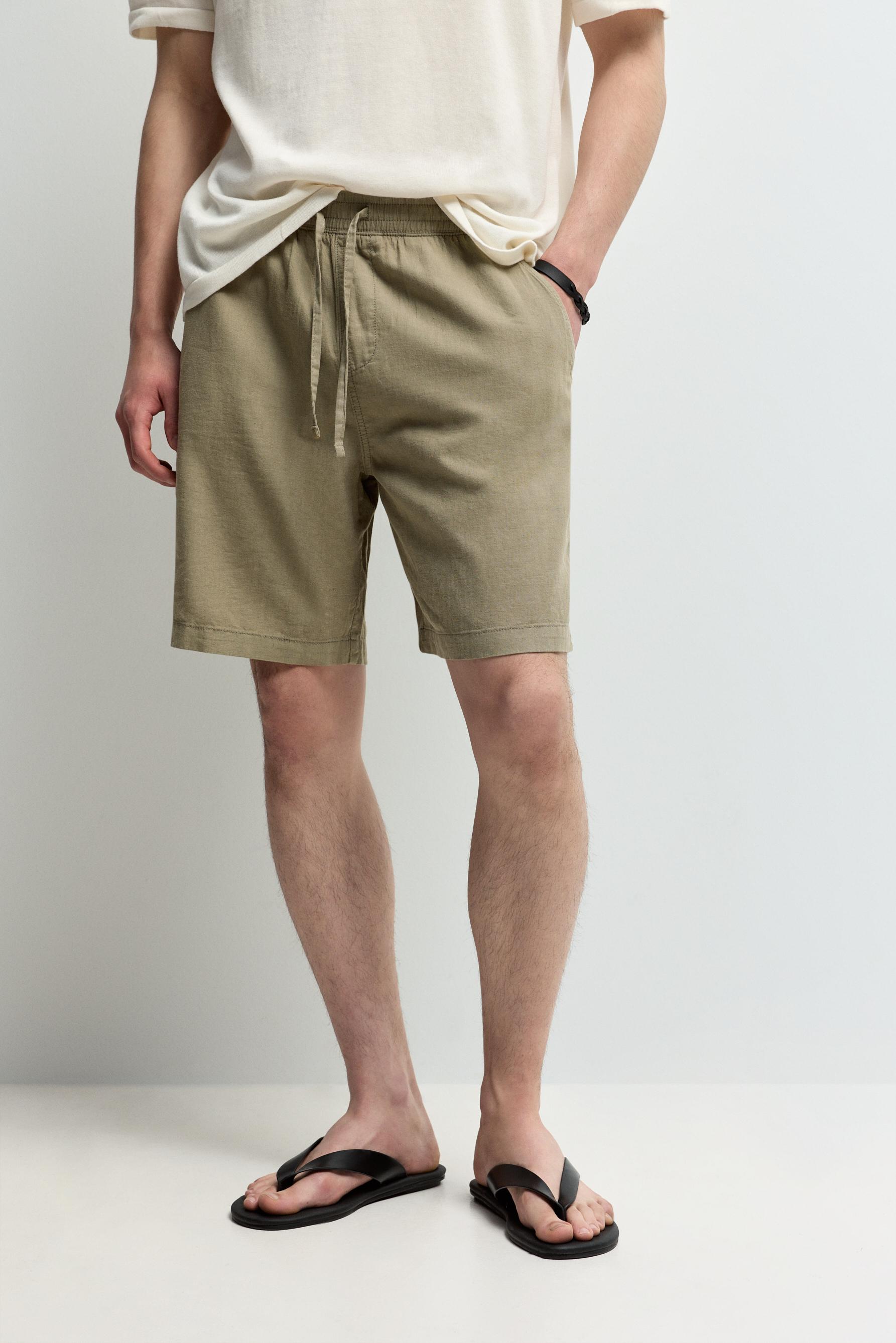 Linen-cotton jogger Bermuda shorts — KHAKI