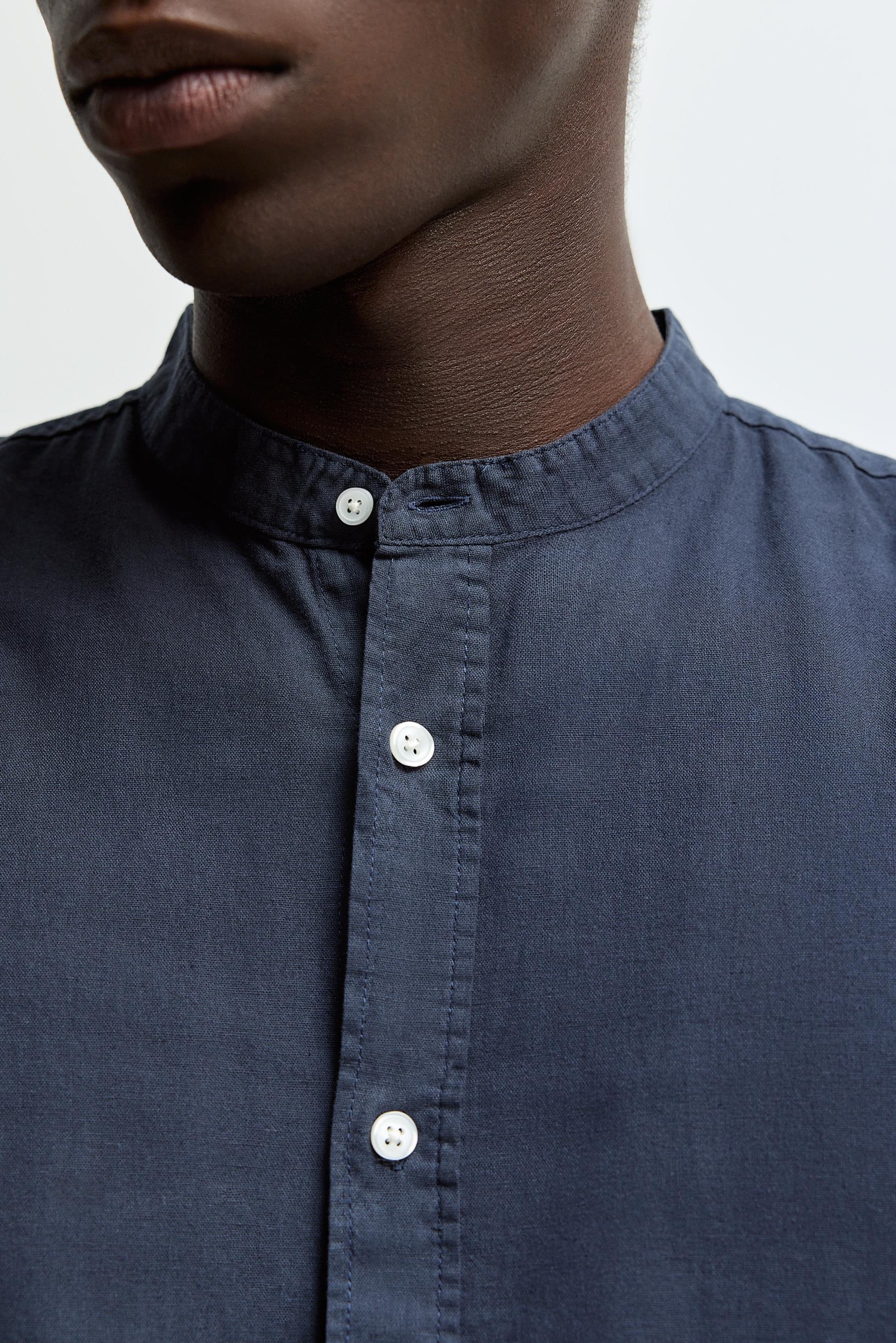 Linen and cotton stand collar shirt — NAVY