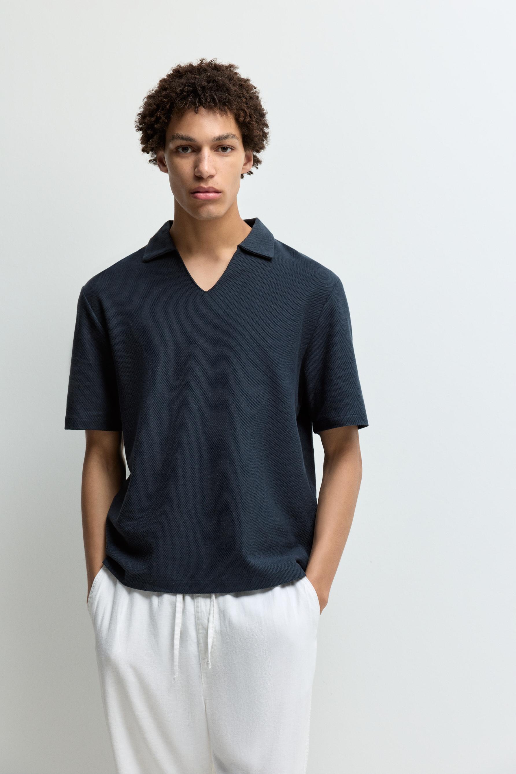 Textured V-neck polo shirt — FADED NAVY