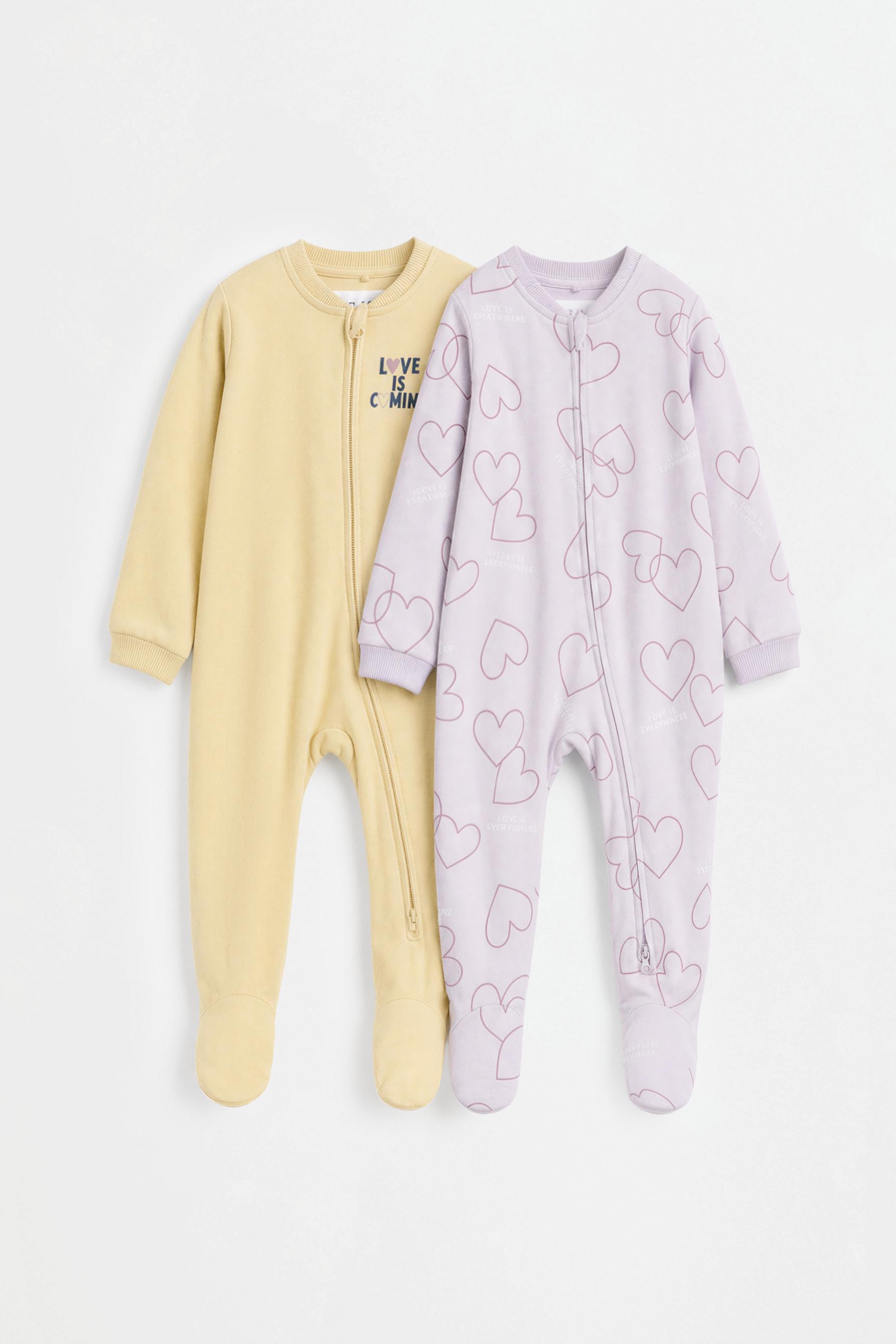 Pack of 2 all-over heart print sleepsuits — PASTEL YELLOW