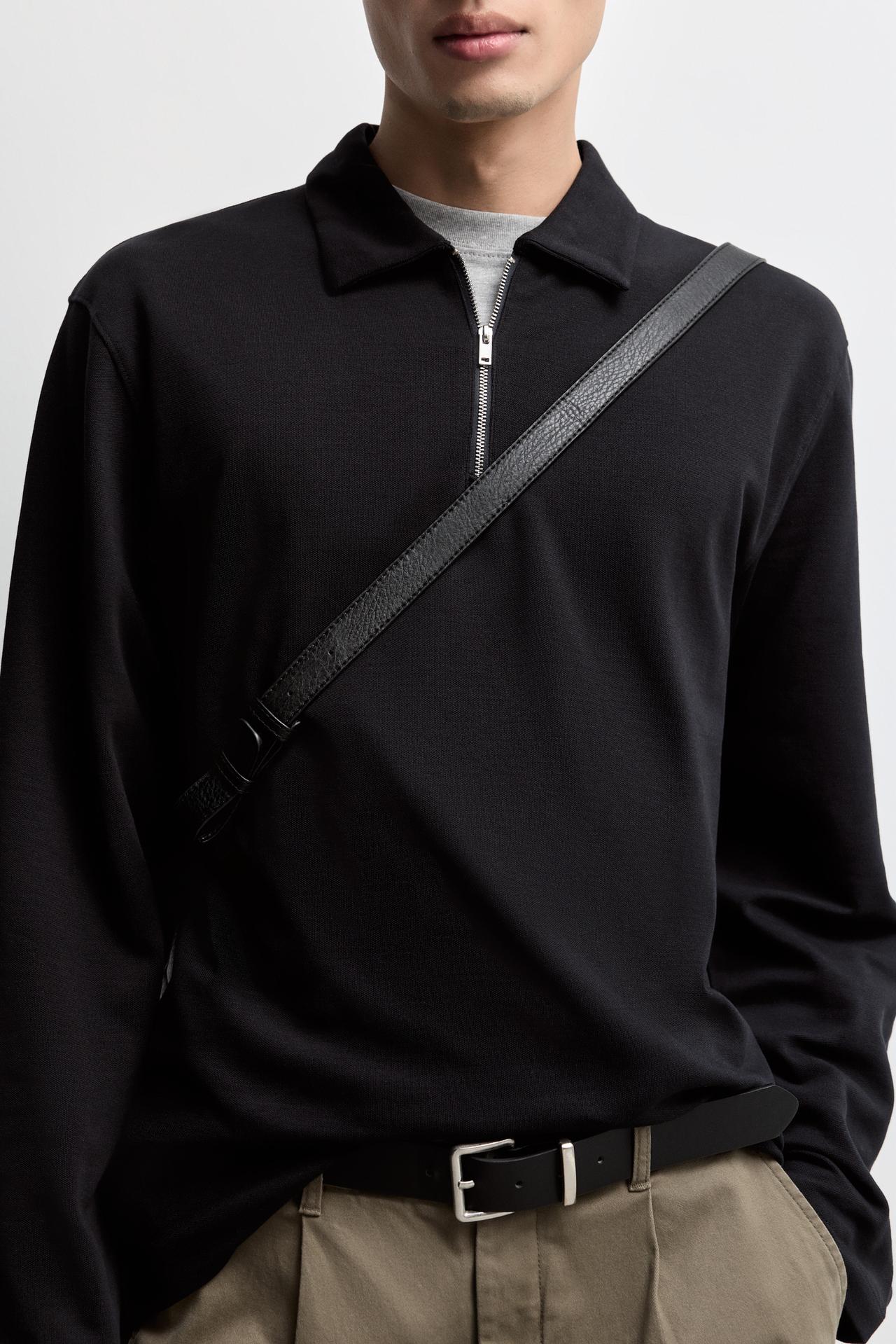 Textured zip-up polo shirt — NAVY