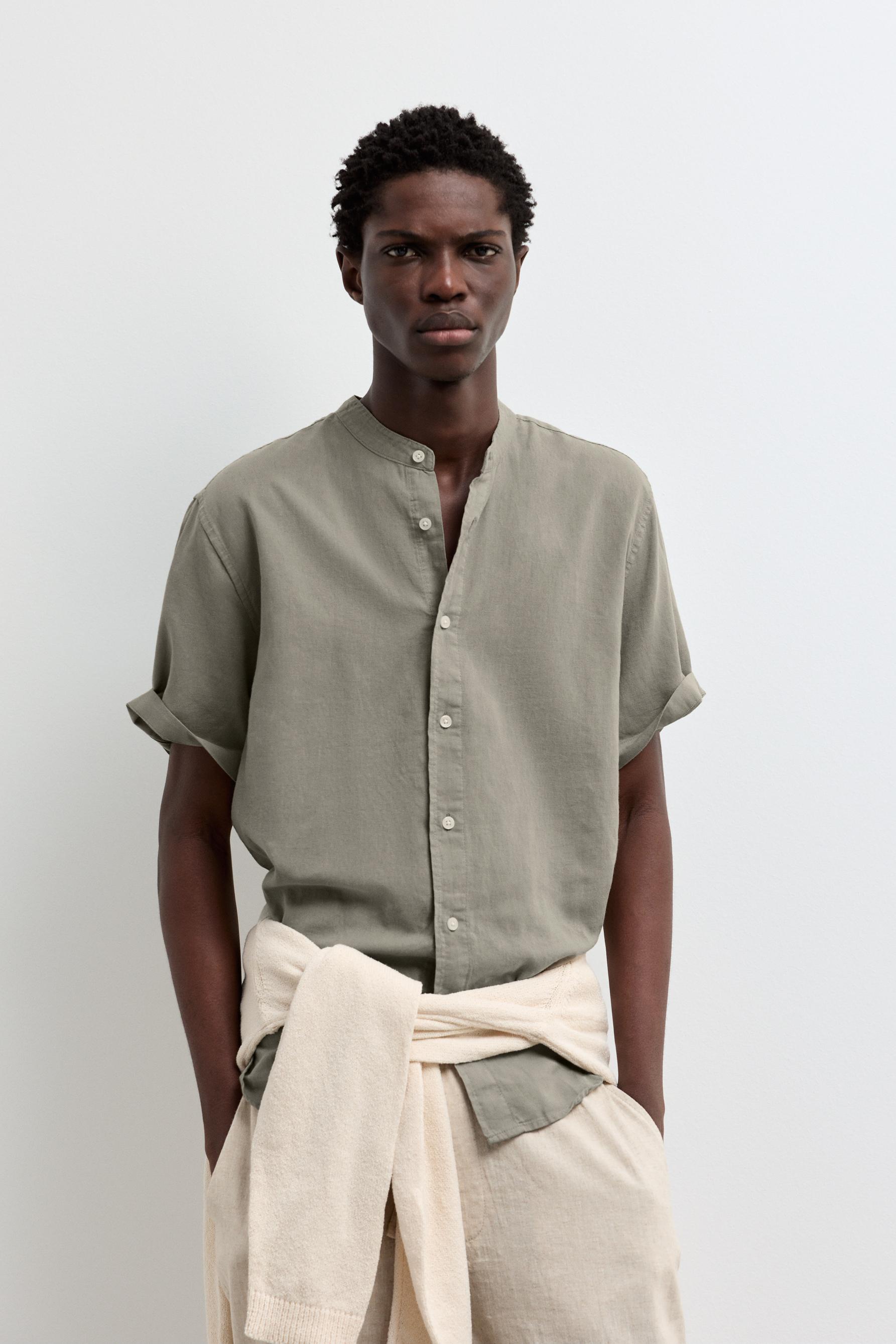 Linen-cotton stand collar shirt — PALE KHAKI