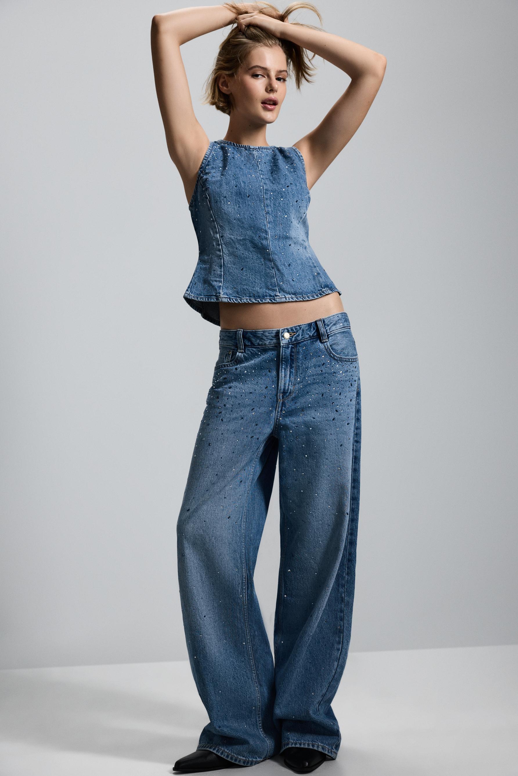 Rhinestone peplum denim top — DARK BLUE
