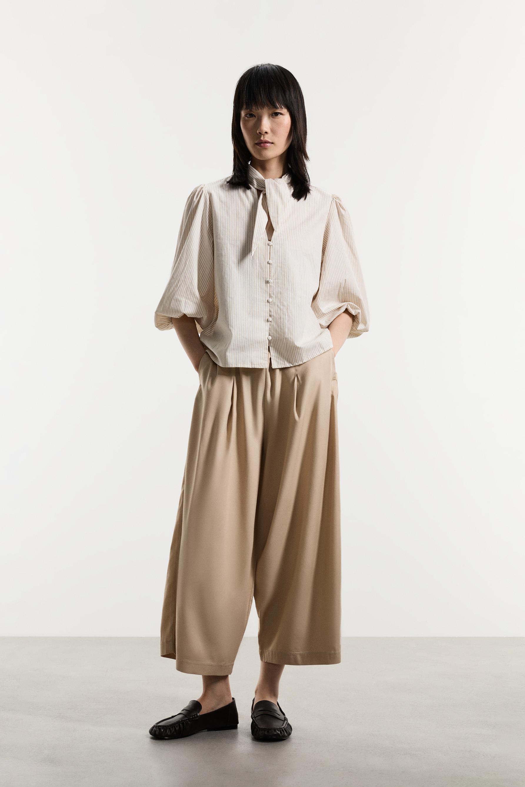 Tie-neck shirt — ECRU/BROWN