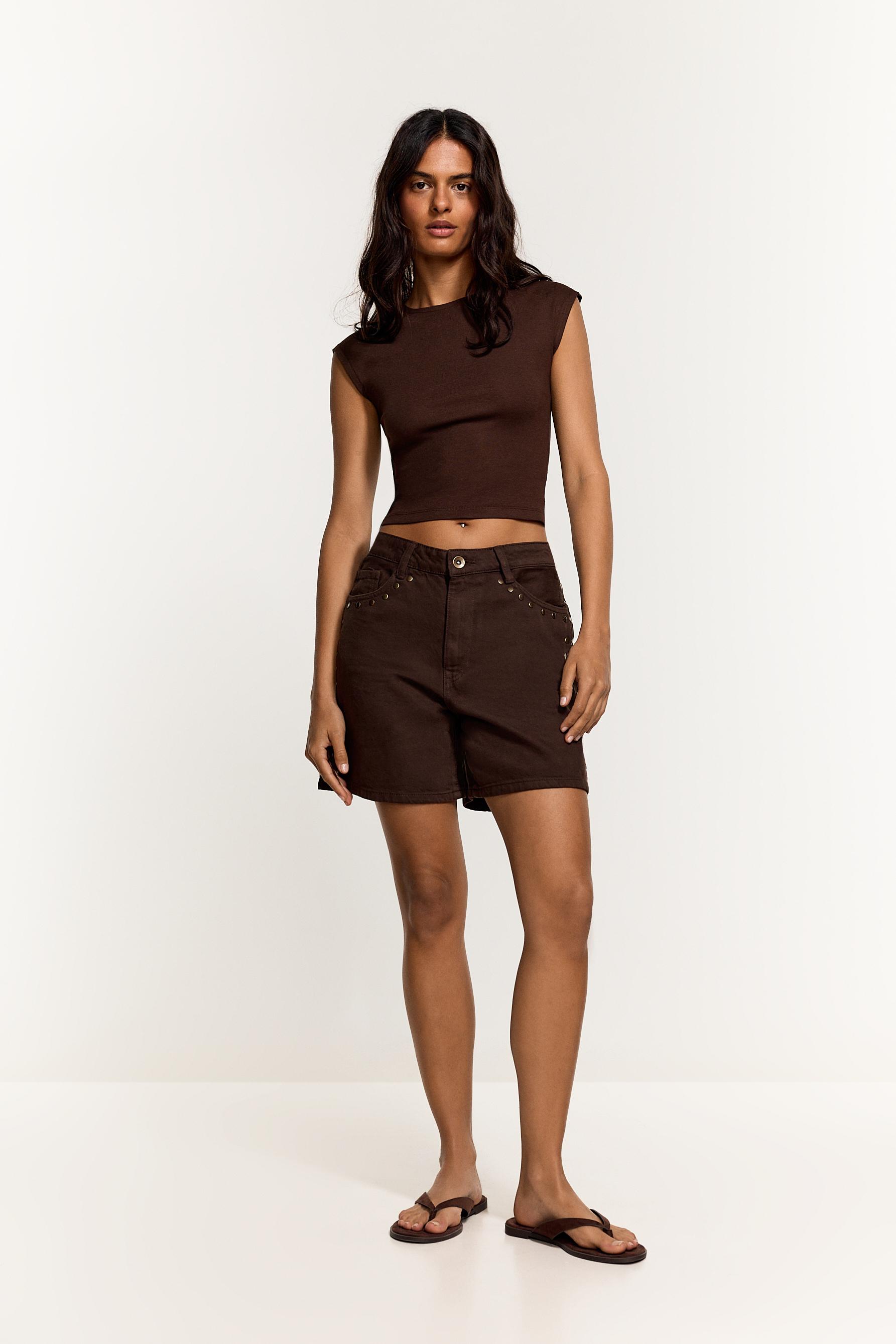 Studded denim Bermuda shorts — BROWN MARL