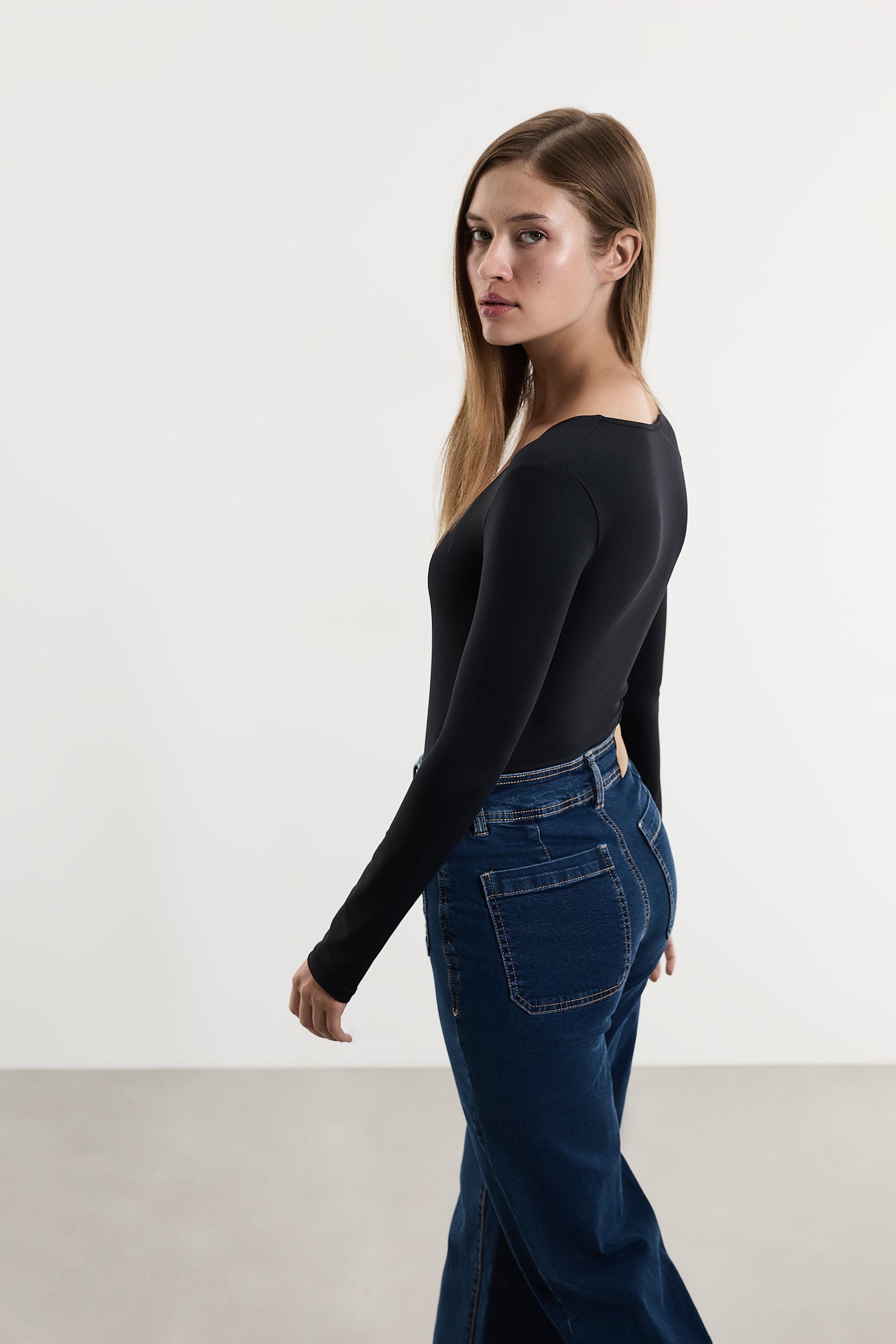 Polyamide square neckline bodysuit — BLACK