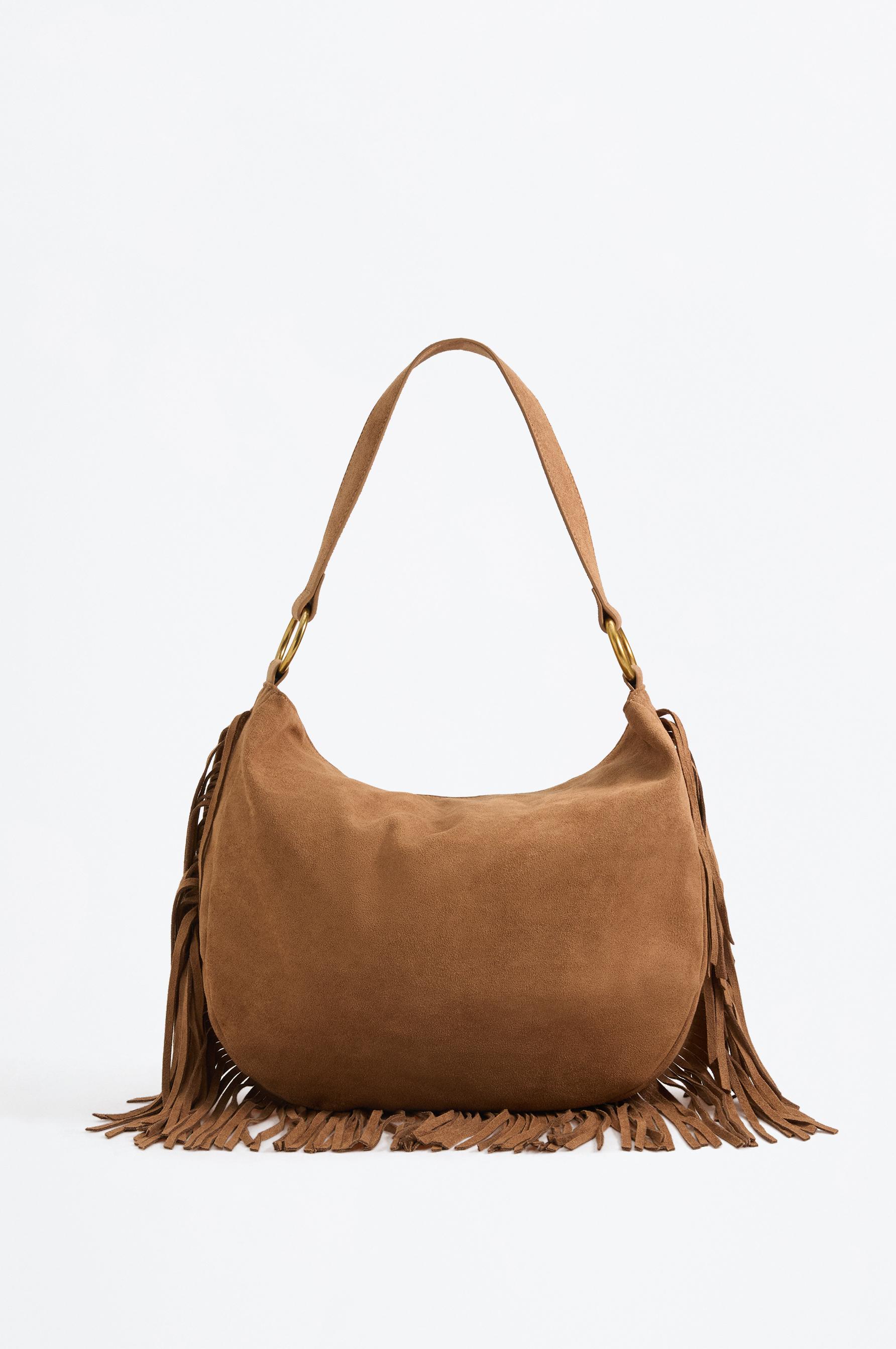 Faux suede fringe crossbody bag — CAMEL