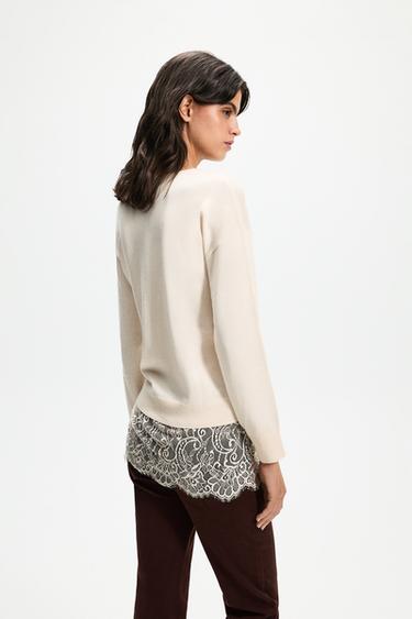 Lace hem sweater — CREAM 4