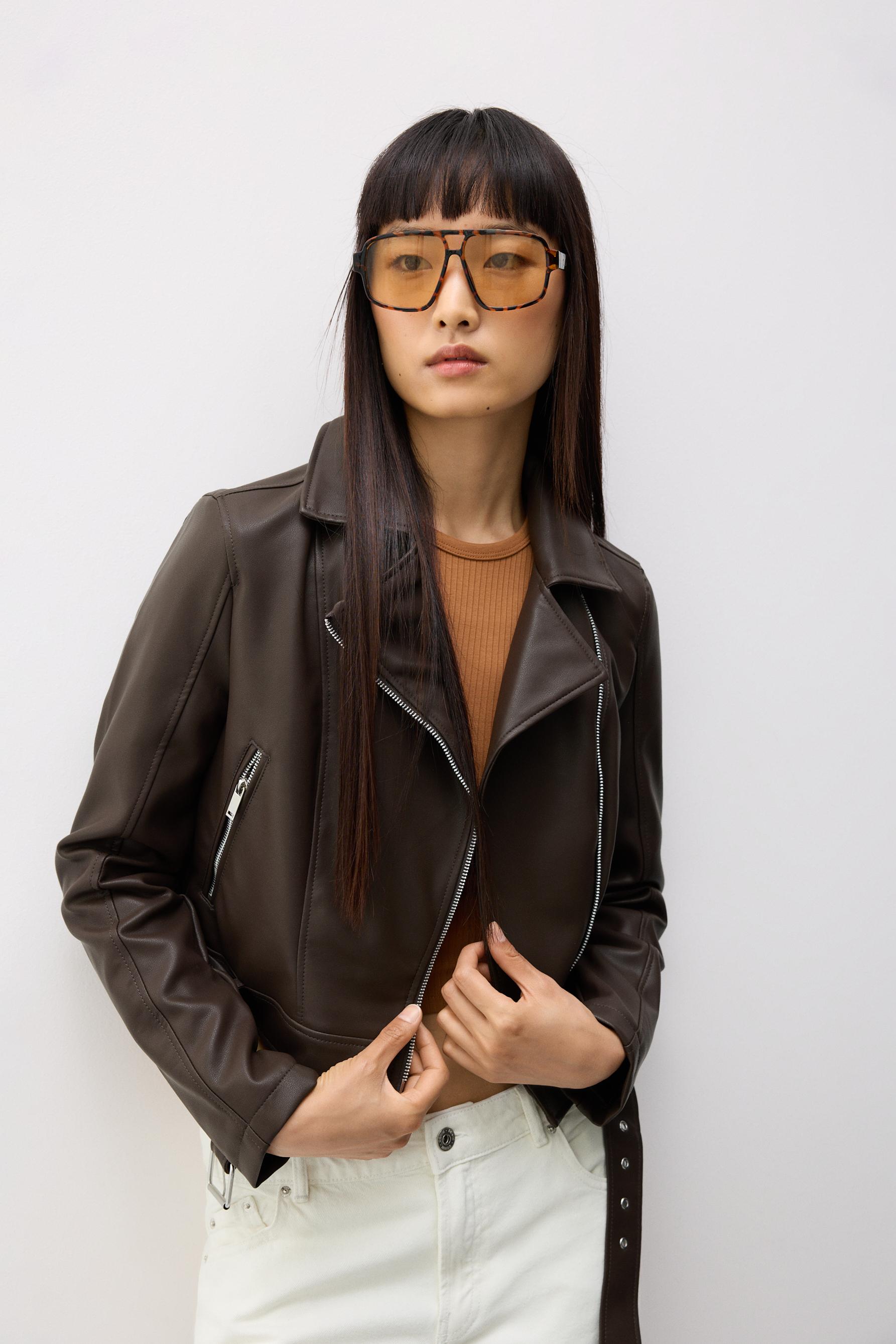 Leather-effect biker jacket — CHOCOLATE