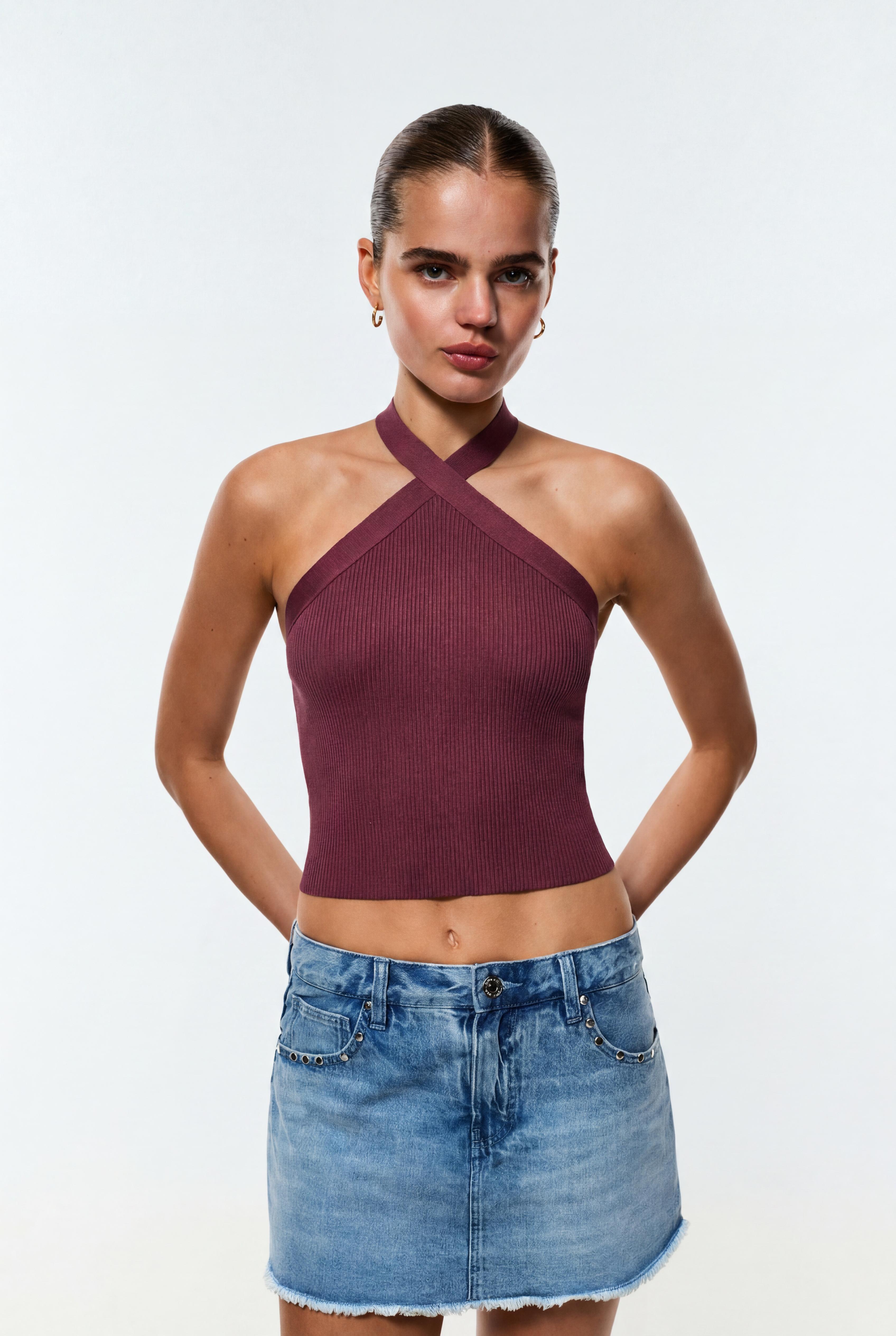 Criss-cross strap knit top — MAUVE PINK