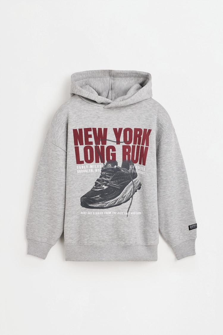 Printed sweatshirt with hood — GREY MARL