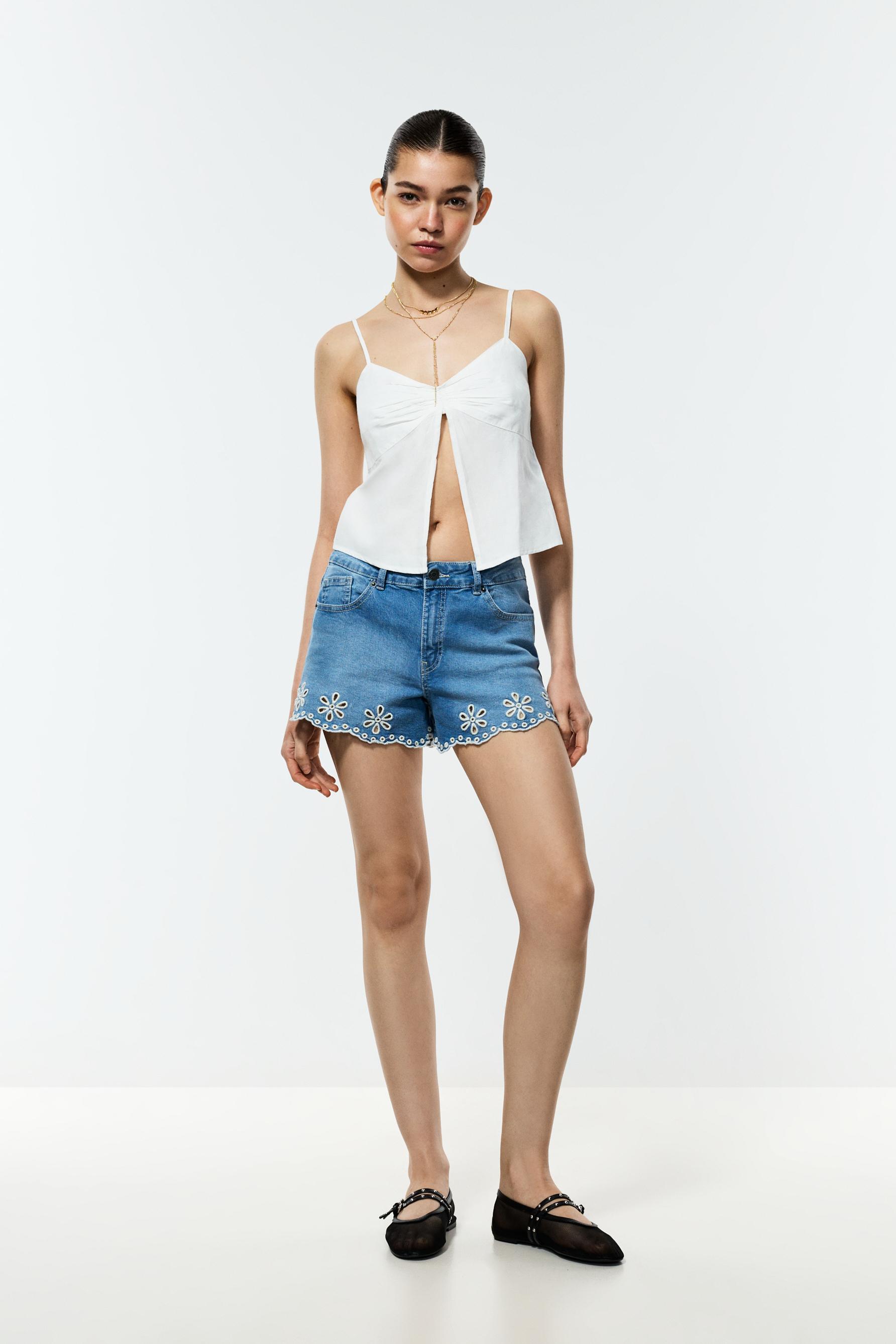 Swiss embroidery denim shorts — INDIGO