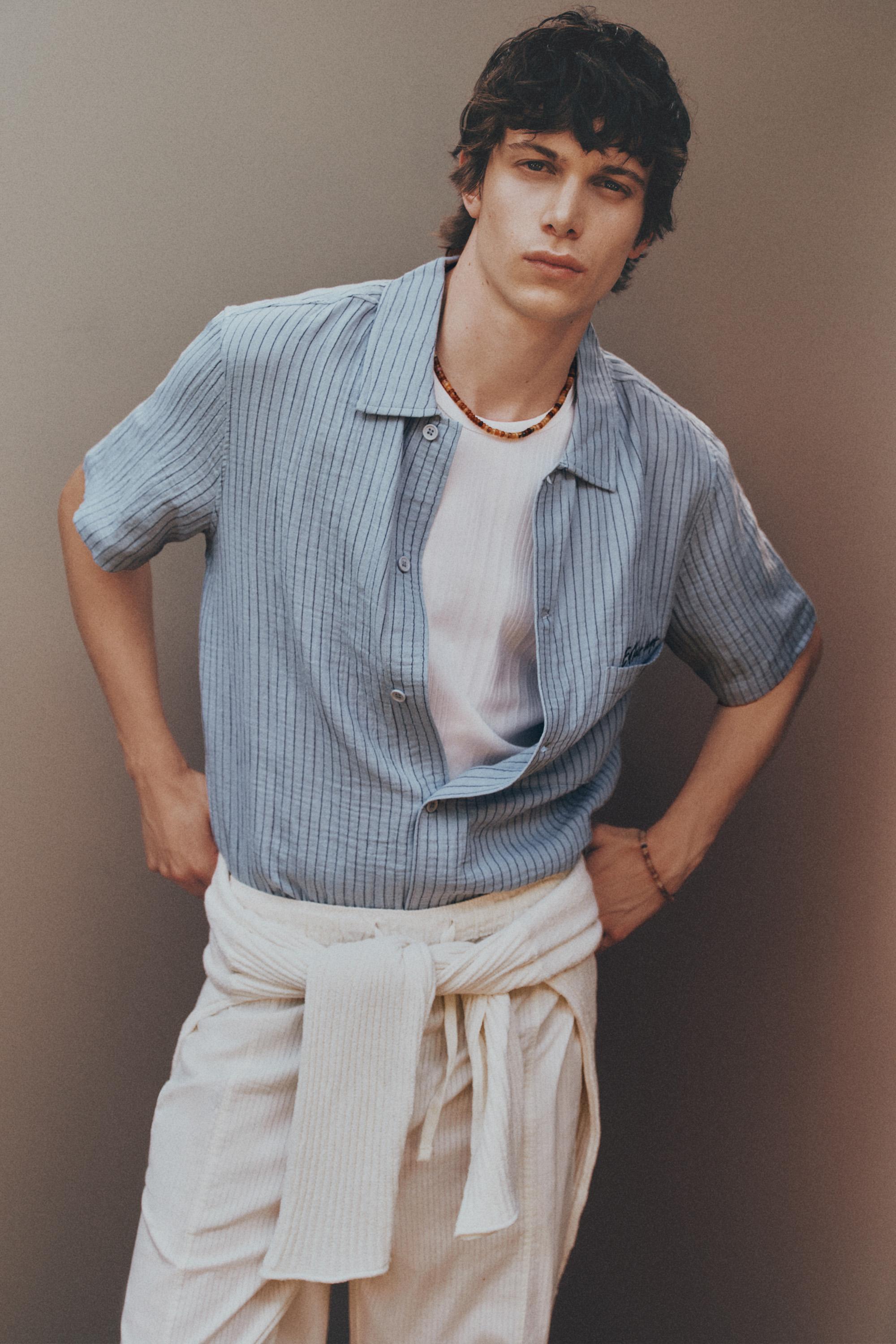 Striped short sleeve shirt — SKY BLUE