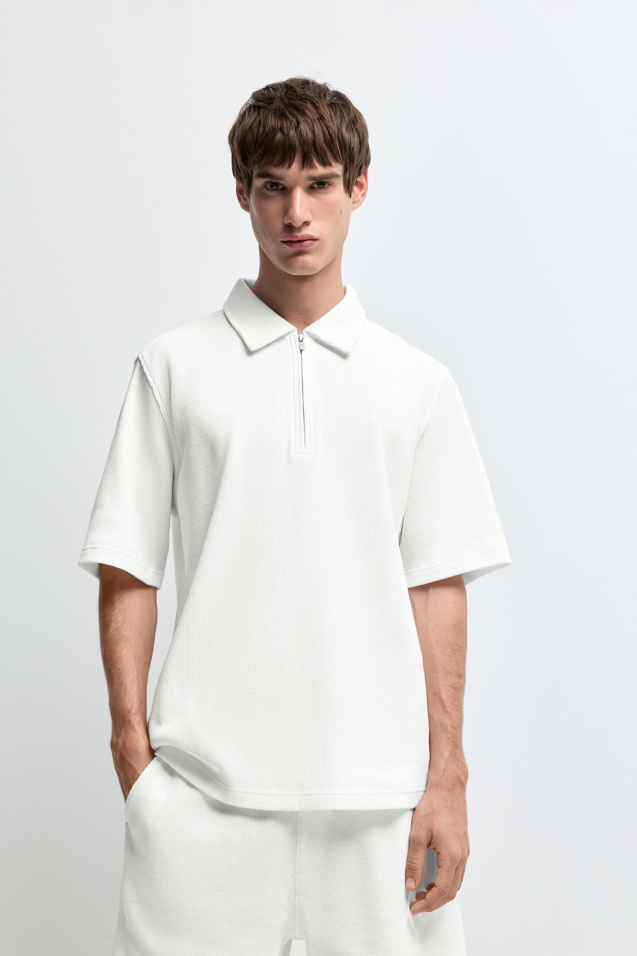 Waffle texture polo shirt — WHITE
