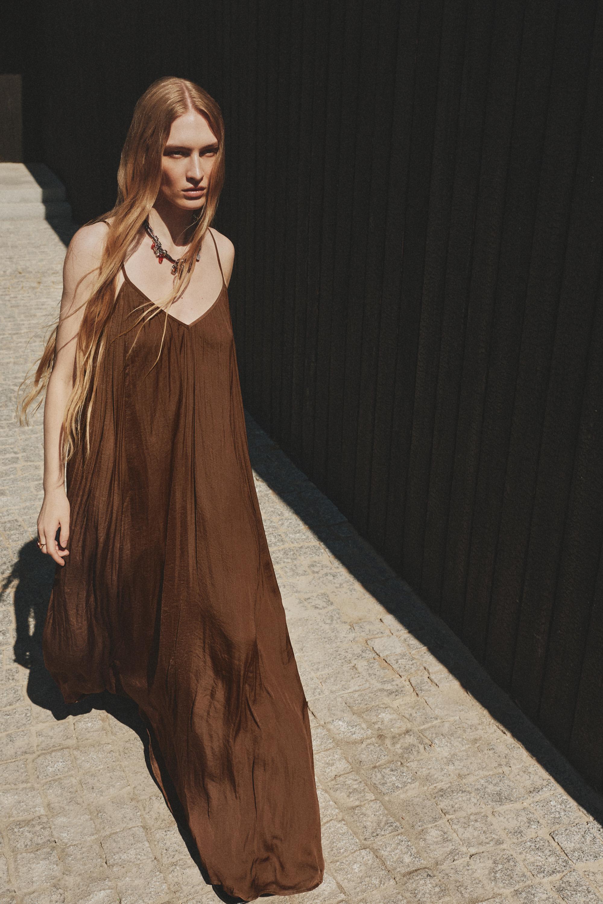 Satin midi dress — BROWN