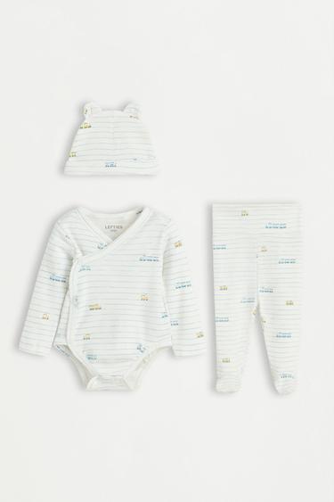 Interlock bodysuit, footed leggings and beanie set — ECRU 1