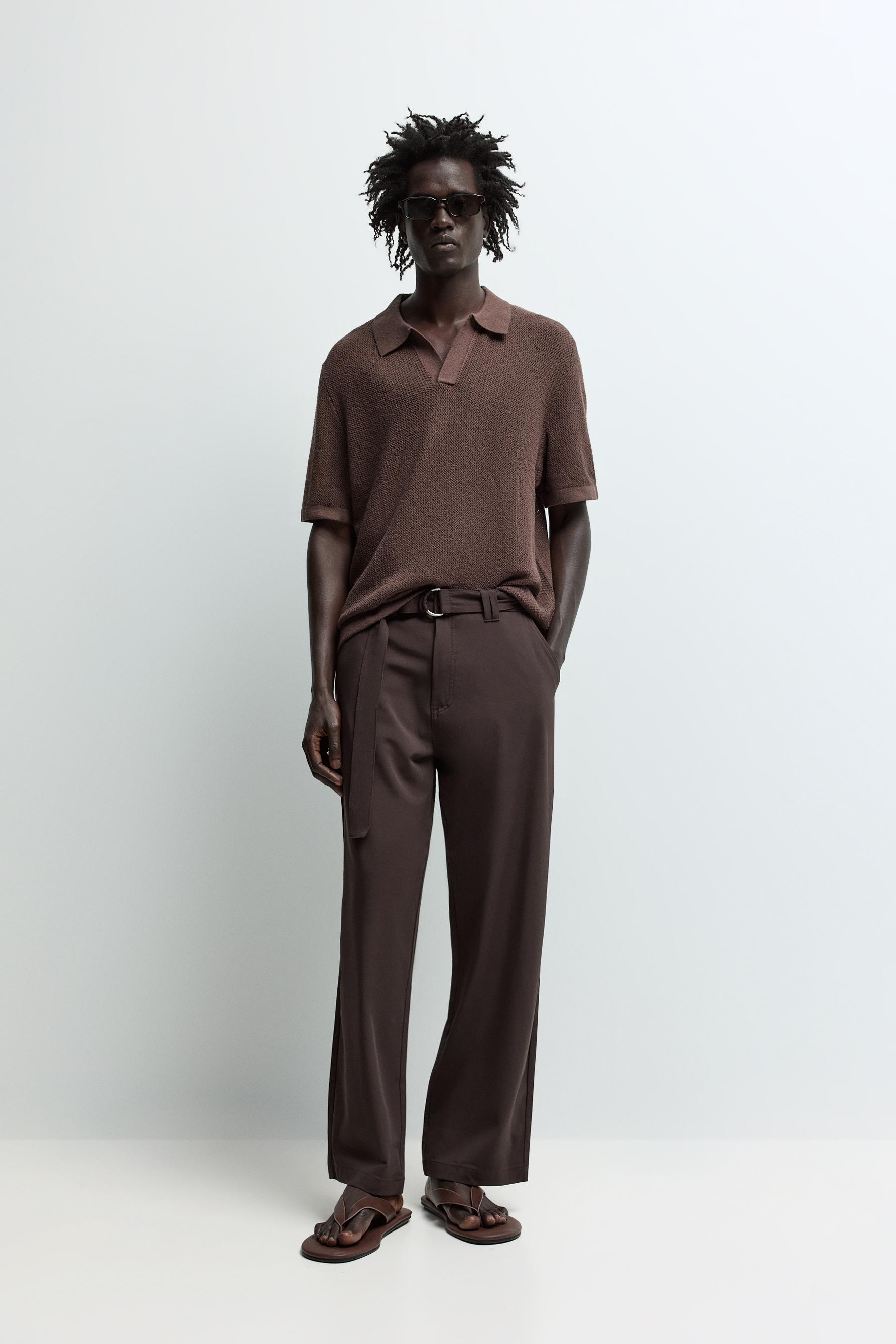 Cutwork knit polo shirt — BROWN