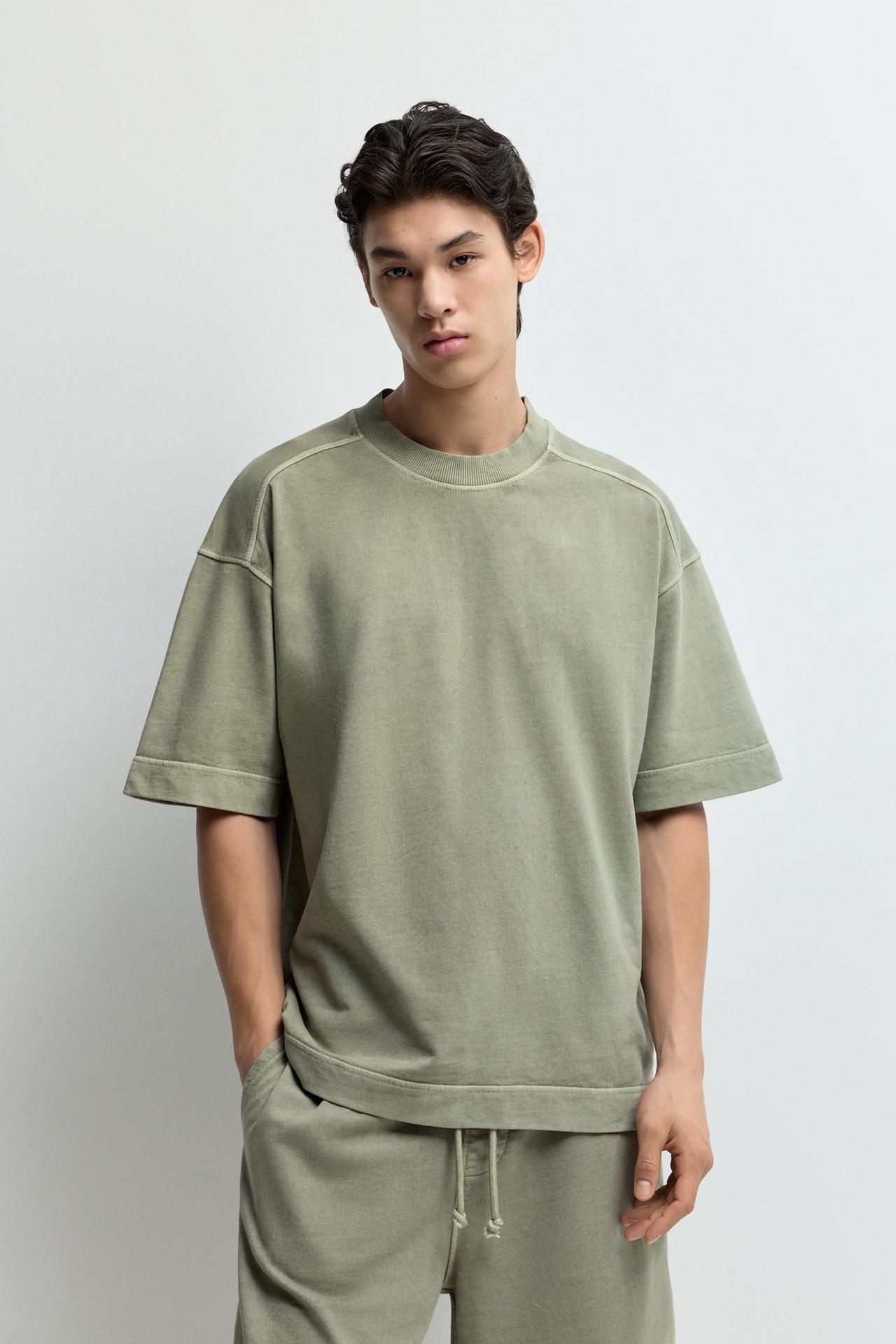 Faded-effect short sleeve sweatshirt — PALE KHAKI