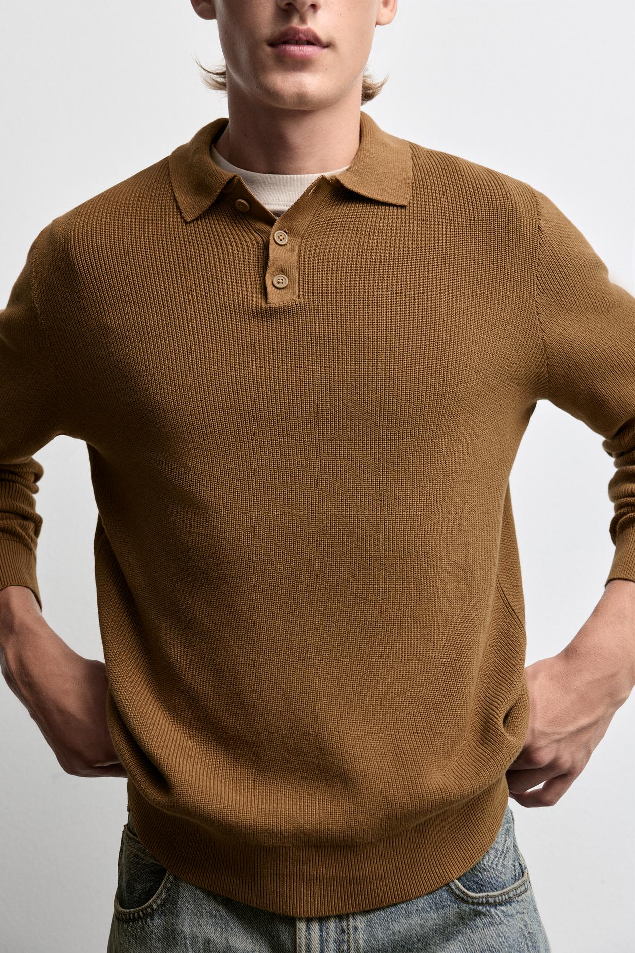 Button knit polo shirt — TOBACCO BROWN