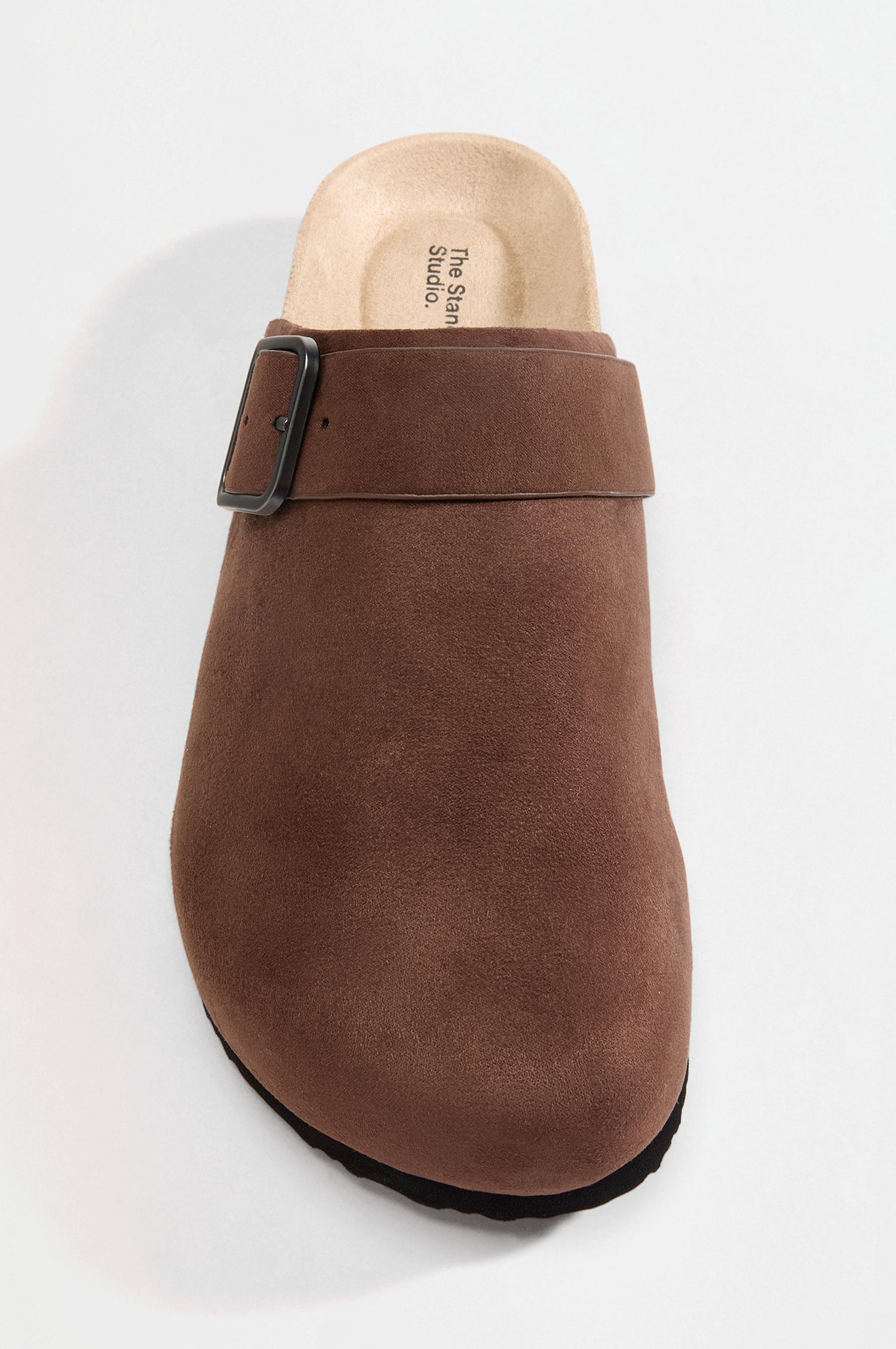 Faux suede buckle clogs — BROWN