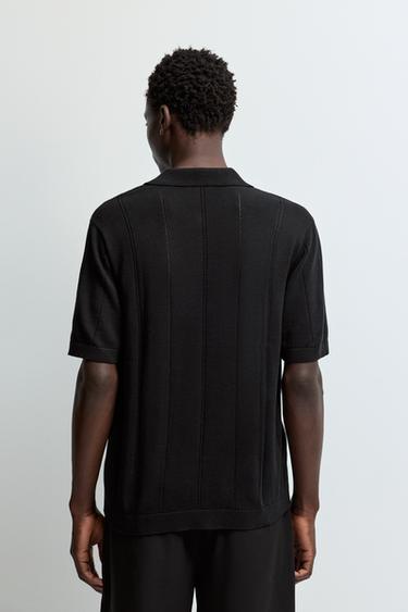 Openwork knit polo shirt — BLACK 4