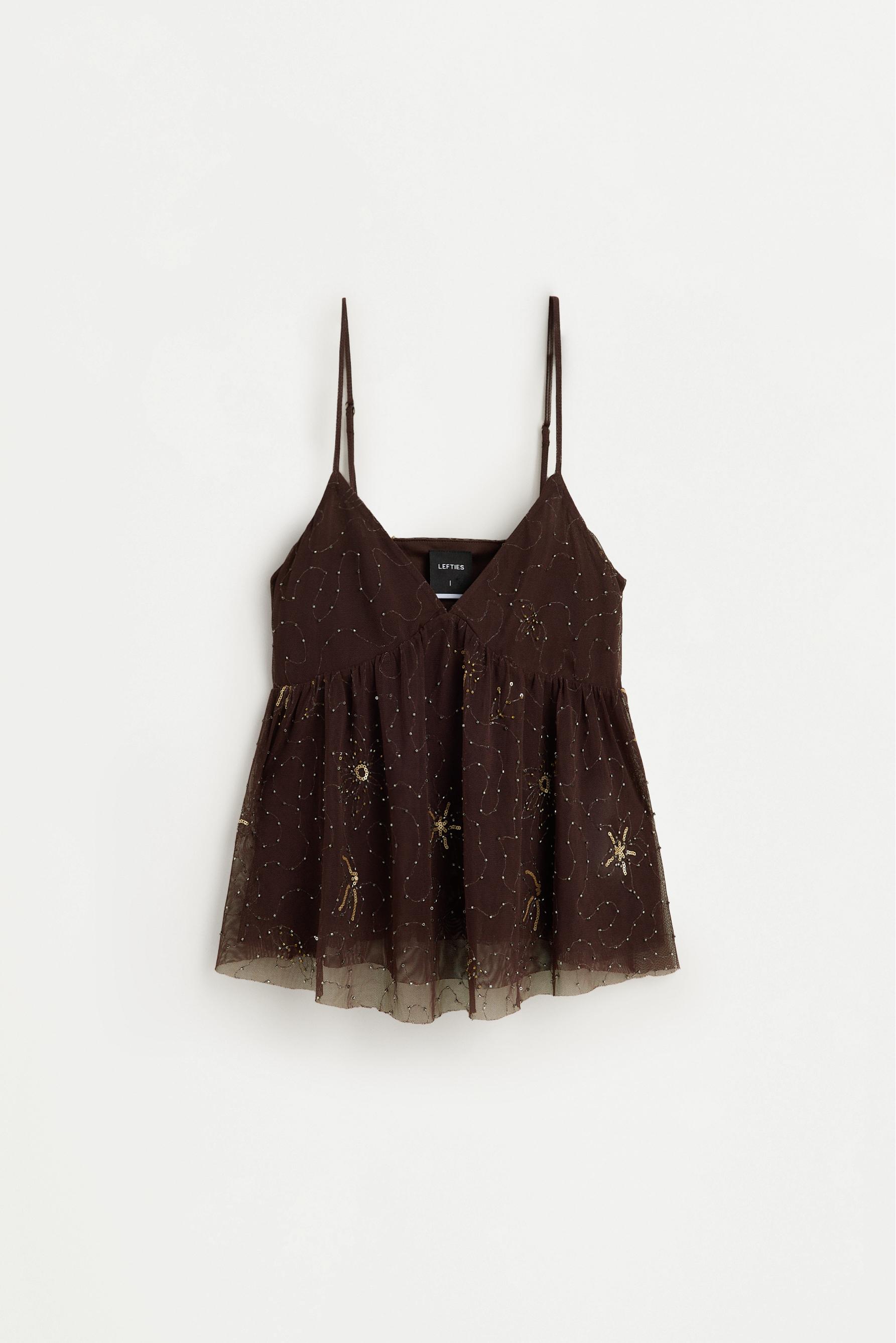 Rhinestone embroidered top — BROWN