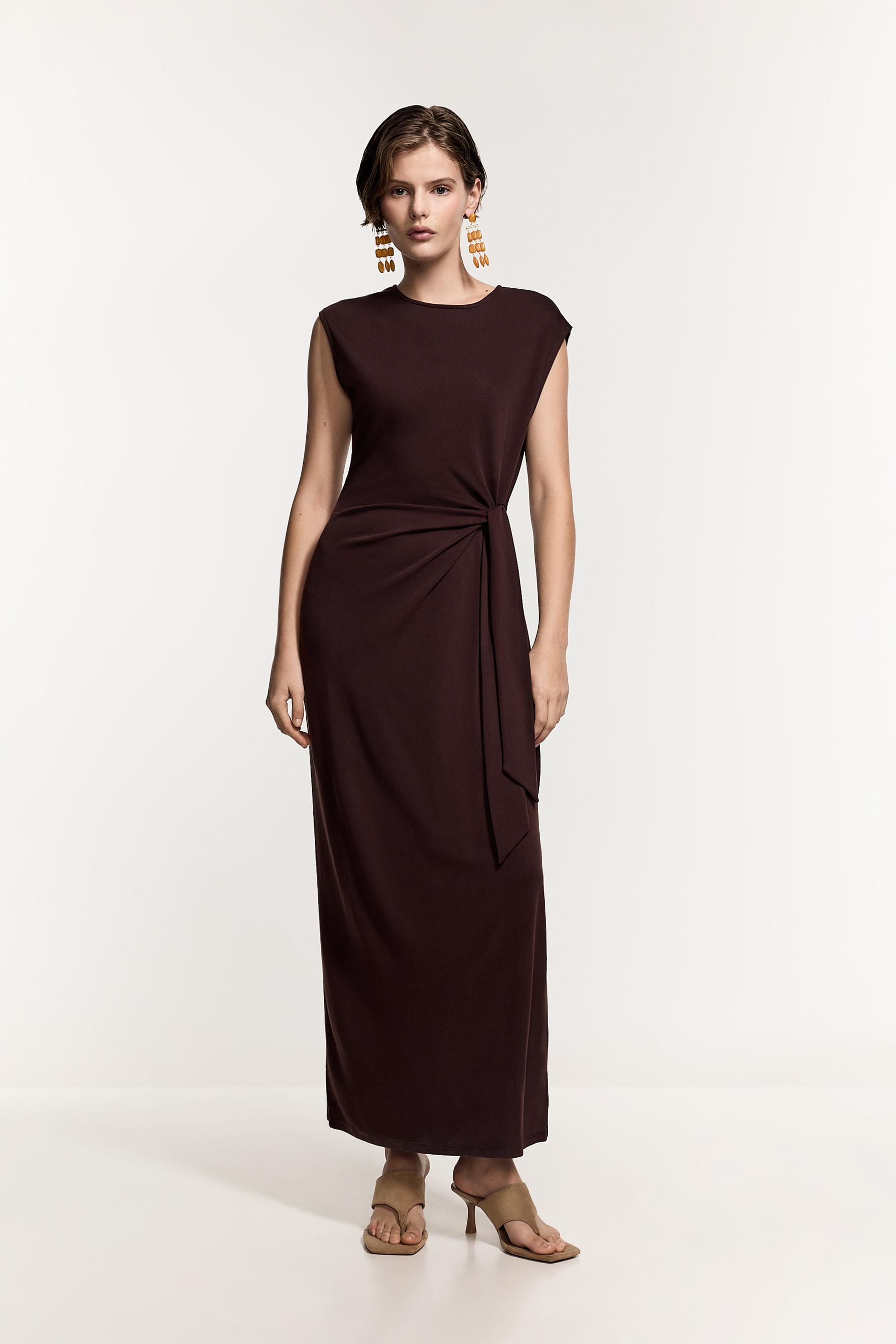 Midi dress with tie detail — CHOCOLATE