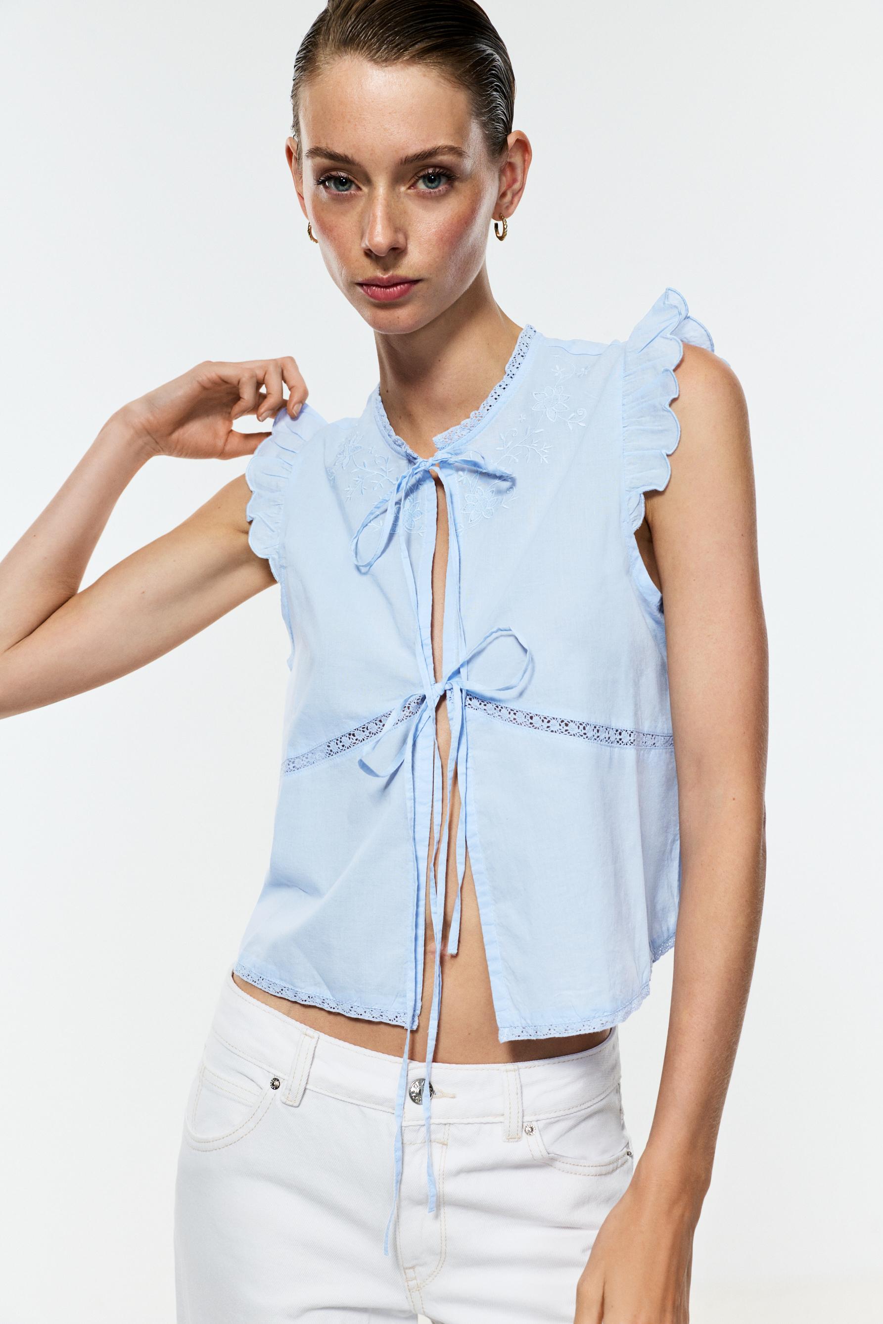 Embroidered ribbon shirt — PALE BLUE