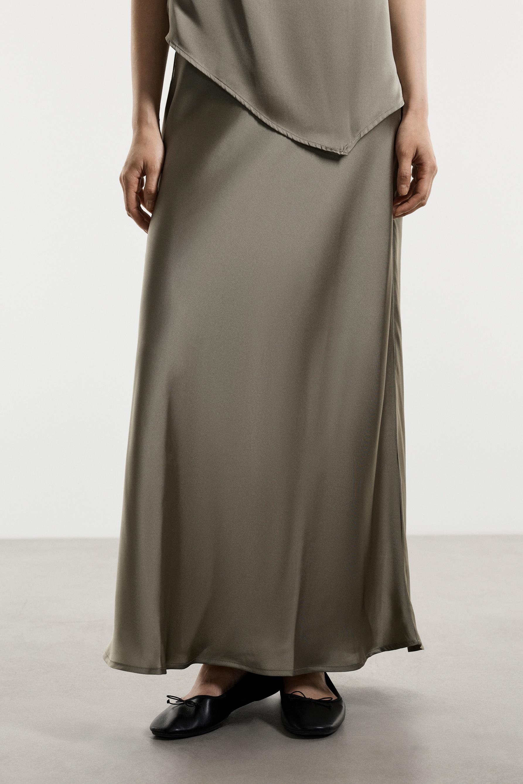 Satin midi skirt — KHAKI