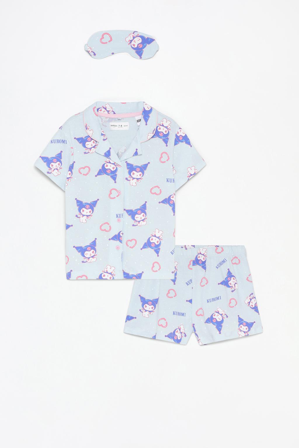 KUROMI Hello Kitty ©SANRIO pyjamas featuring a collared T-shirt, shorts and eye mask