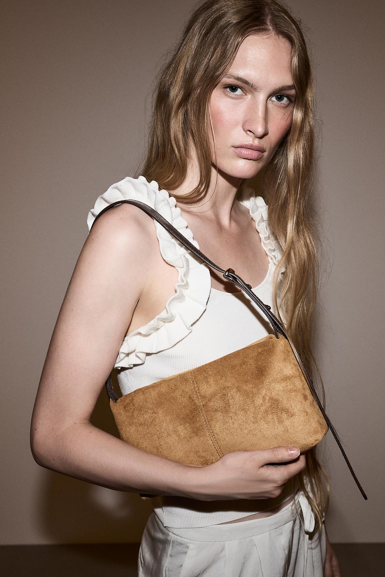 Multi-Position Suede Effect Bag — CAMEL