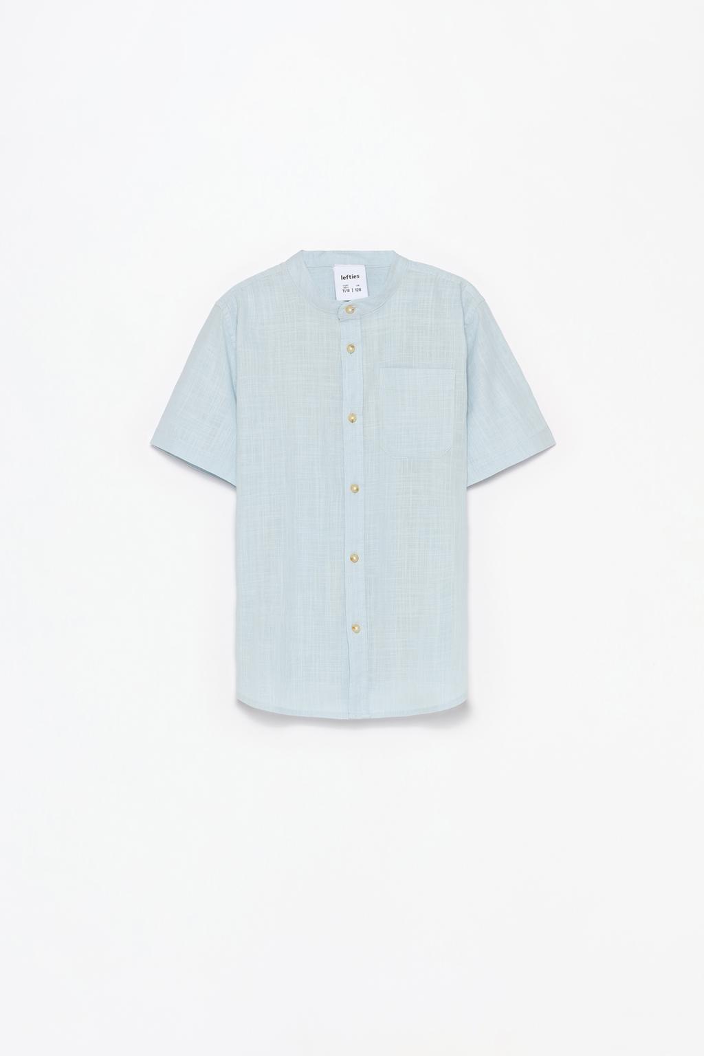 Rustic short sleeve shirt with a stand-up collar.