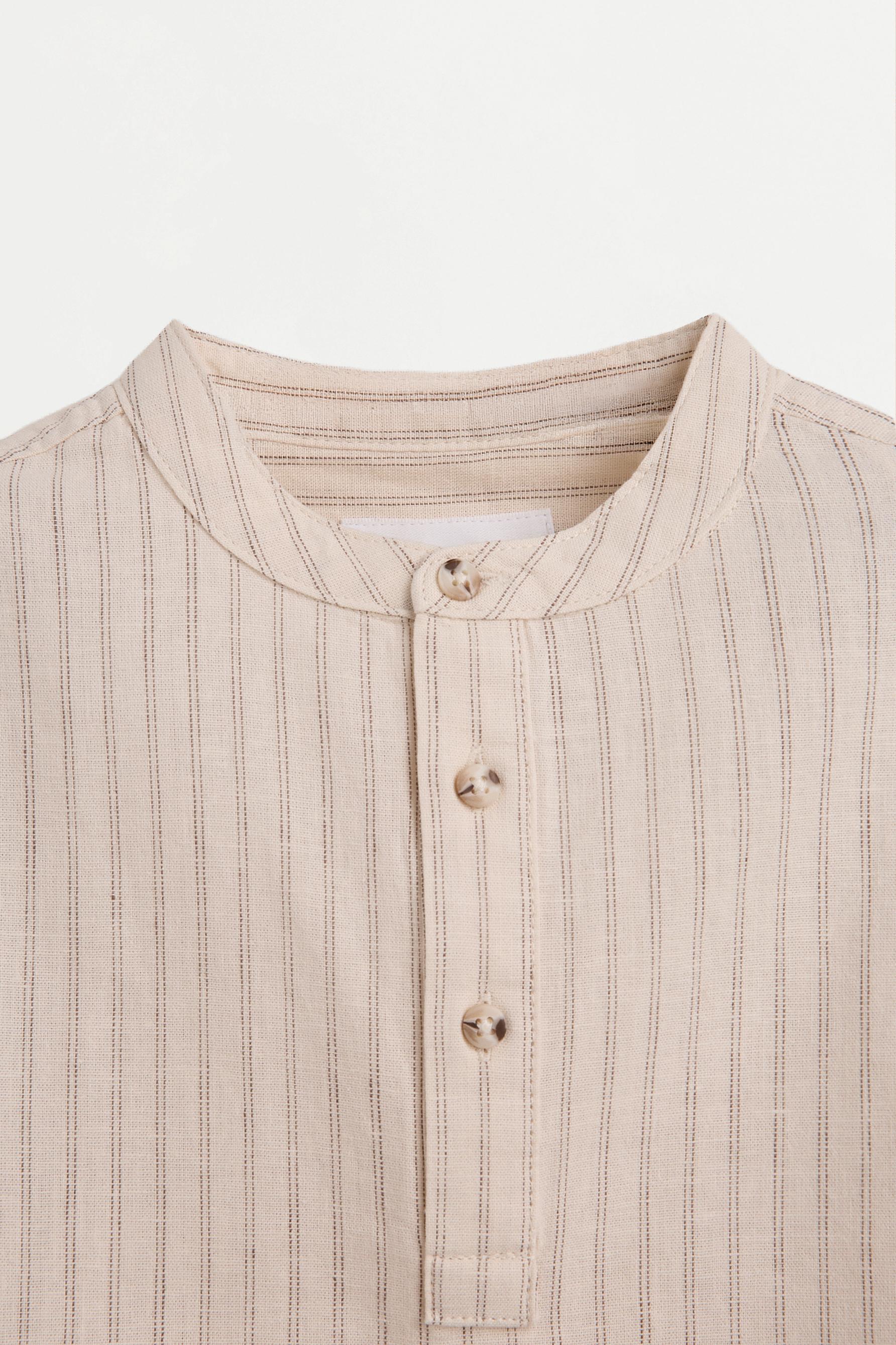 Striped linen-cotton blend stand collar shirt — MINK