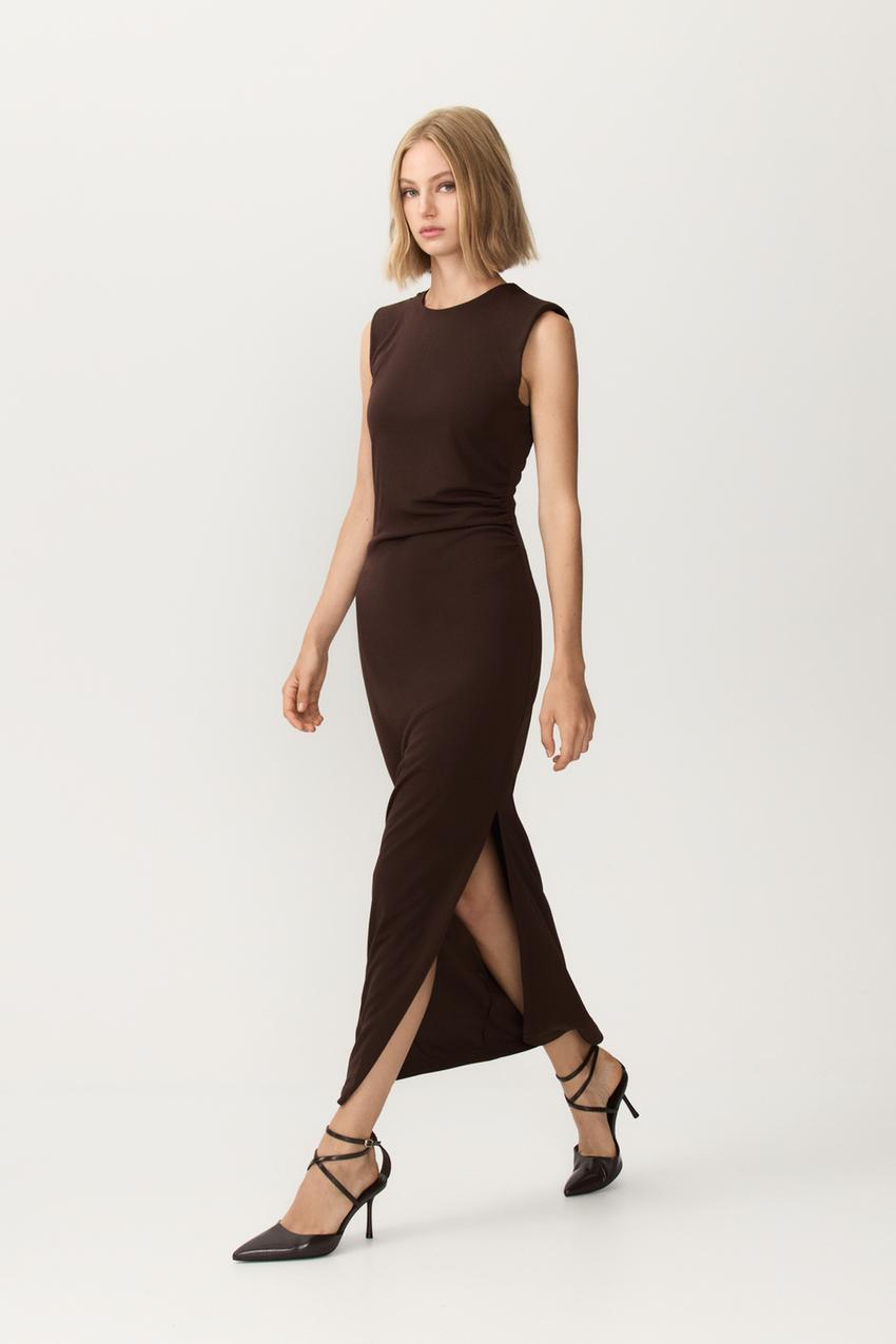 Vestido Satinado Vestido Verde Lefties Vestido Midi Fruncidos Tiro