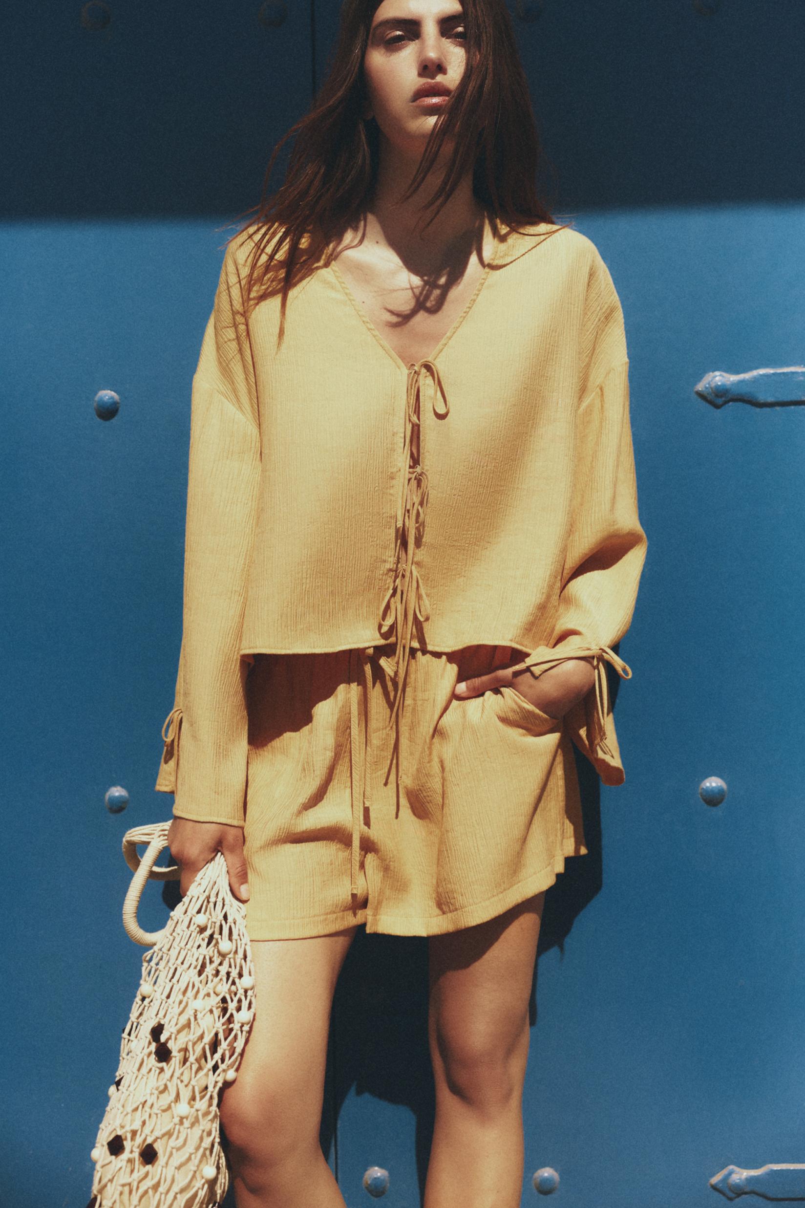 Textured tie-front shirt — YELLOW