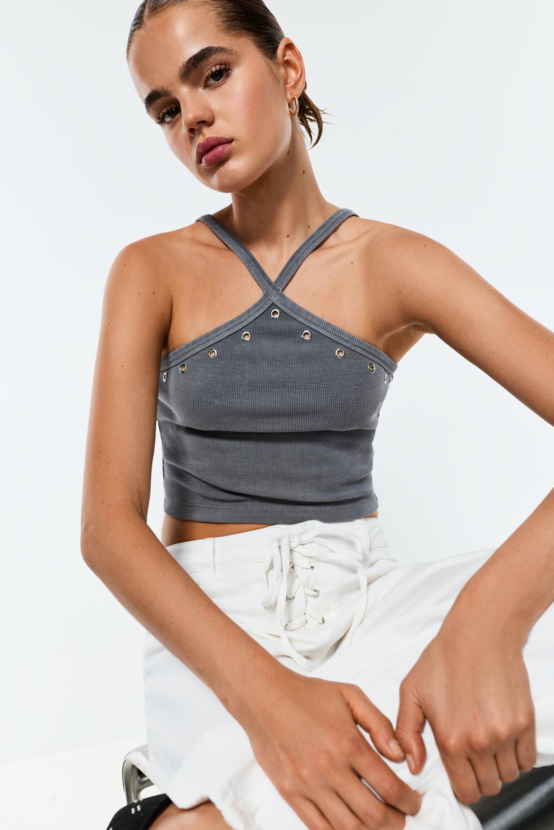 Eyelet halter top — PALE CHARCOAL