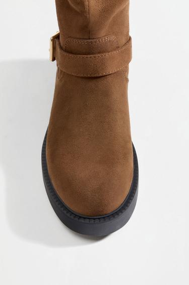 Knee-high boots with buckle and faux suede effect — LEATHER 3