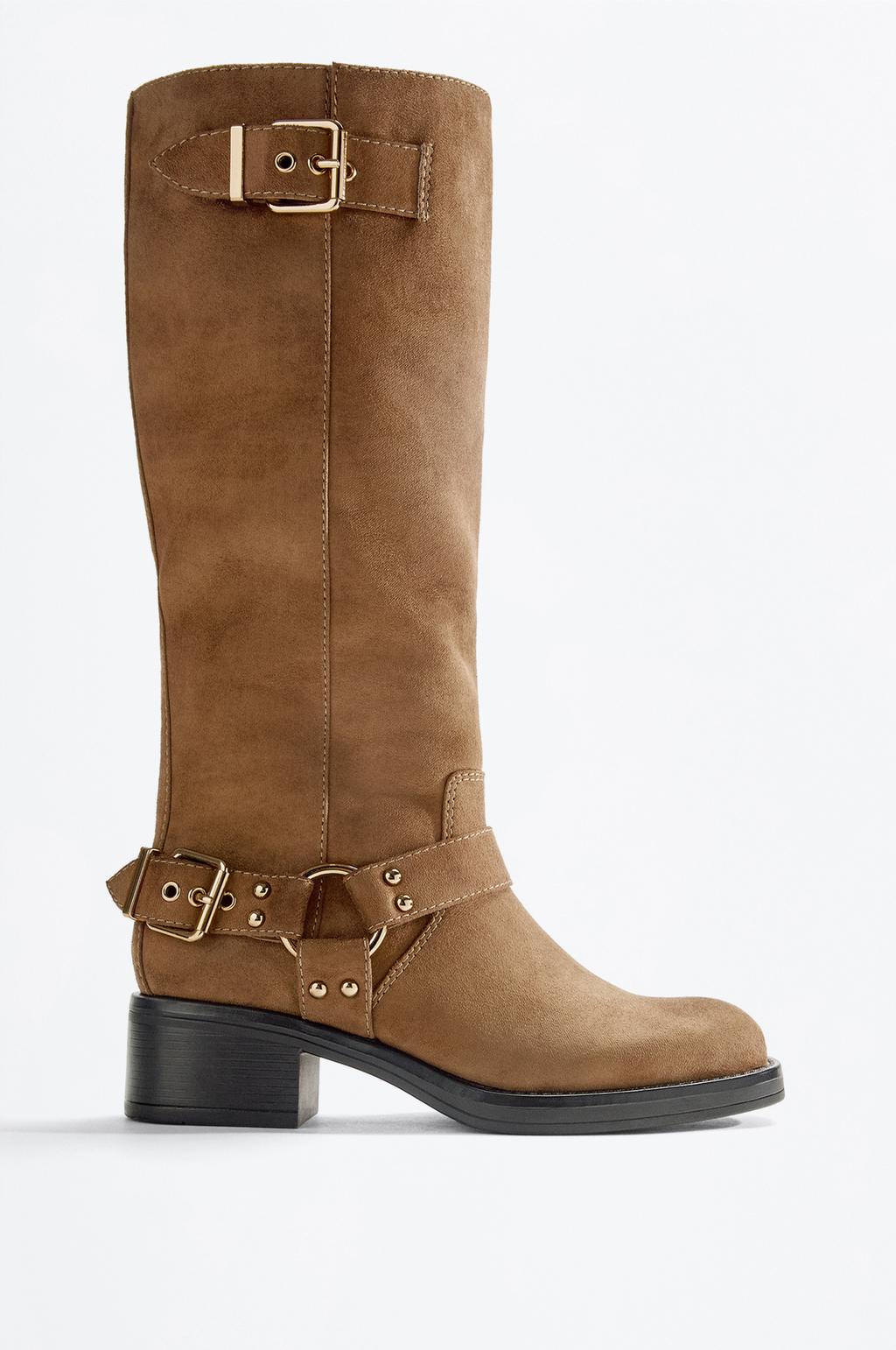 Faux suede flat buckle boots