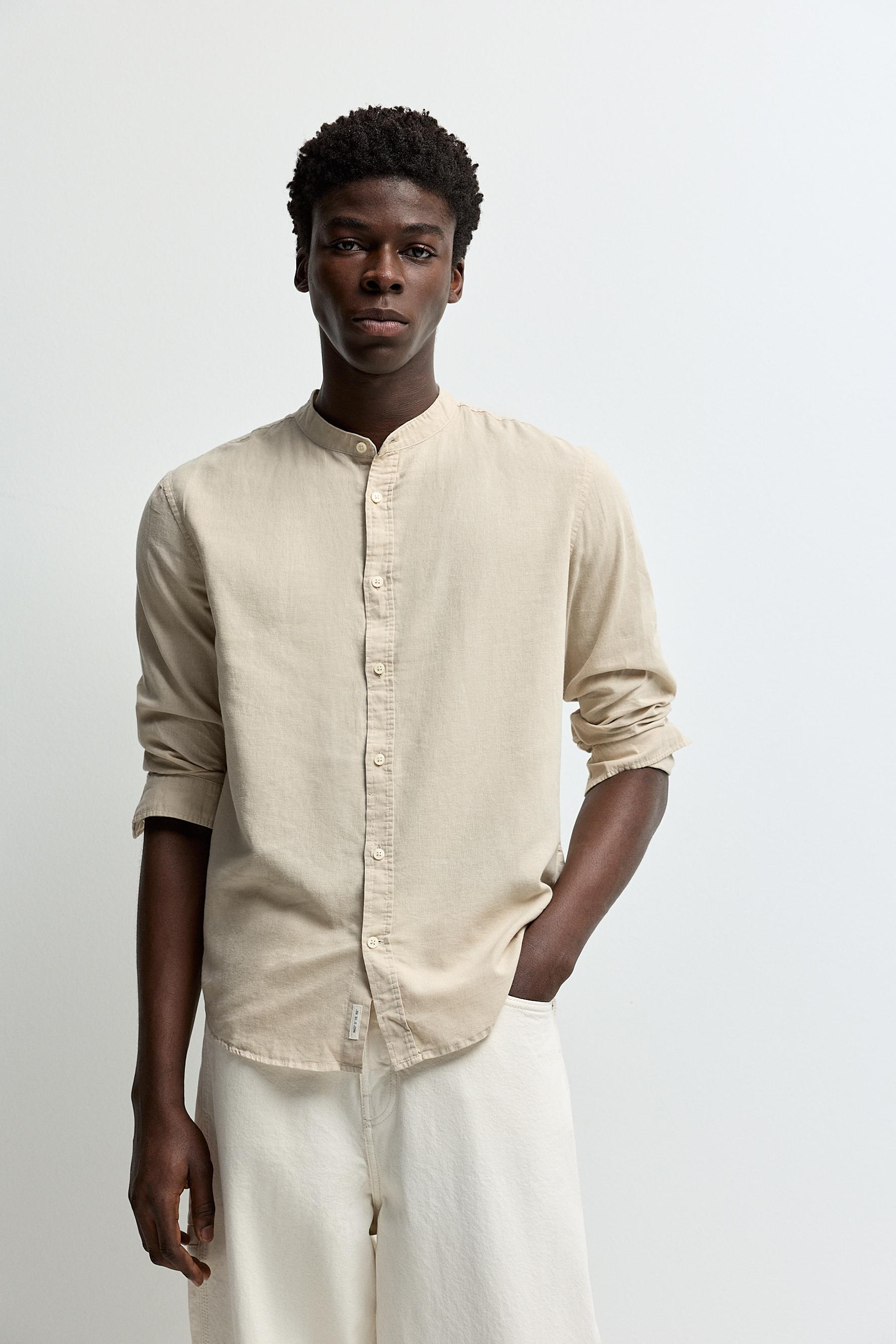 Linen and cotton stand collar shirt — BEIGE