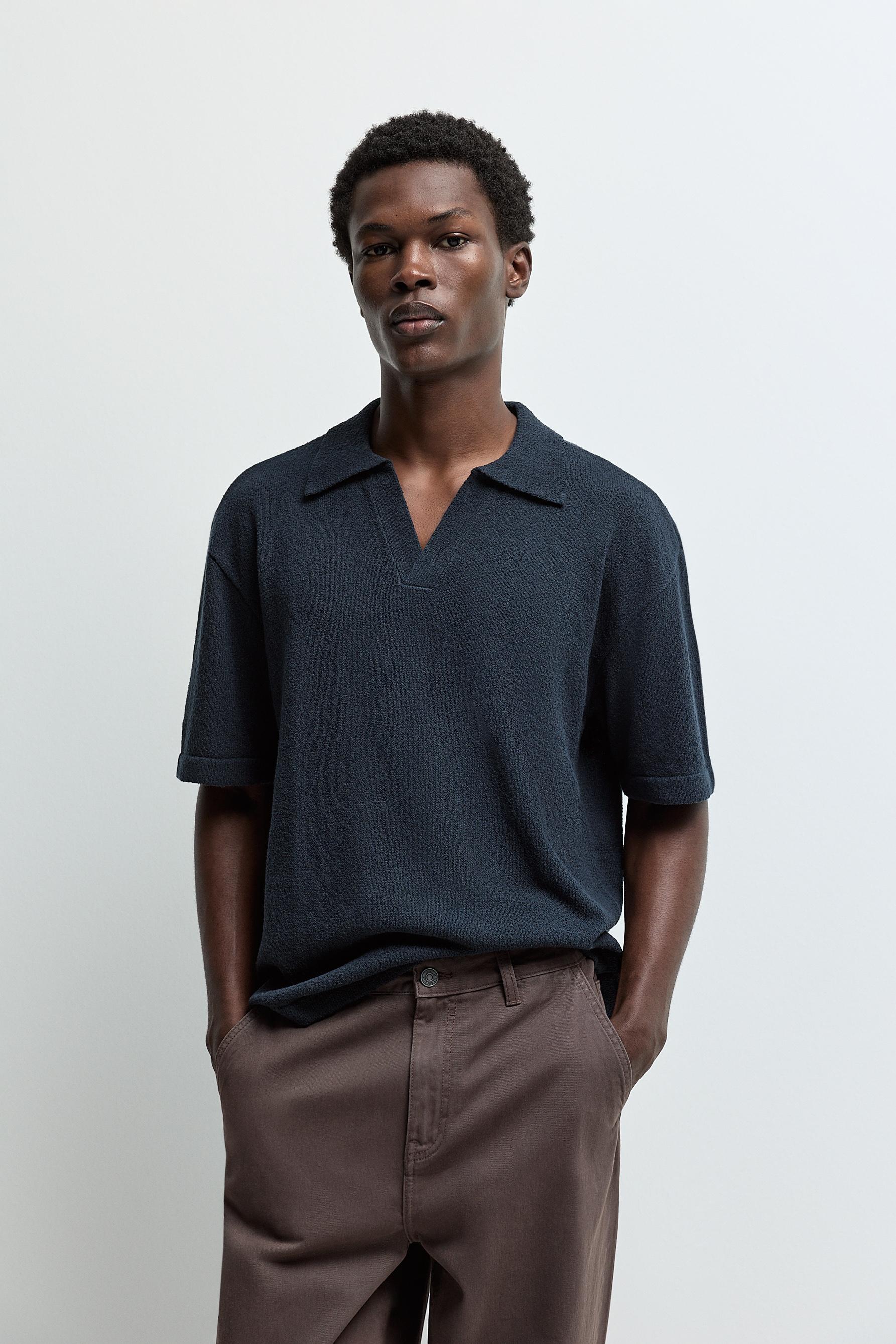 Textured knit polo shirt — NAVY