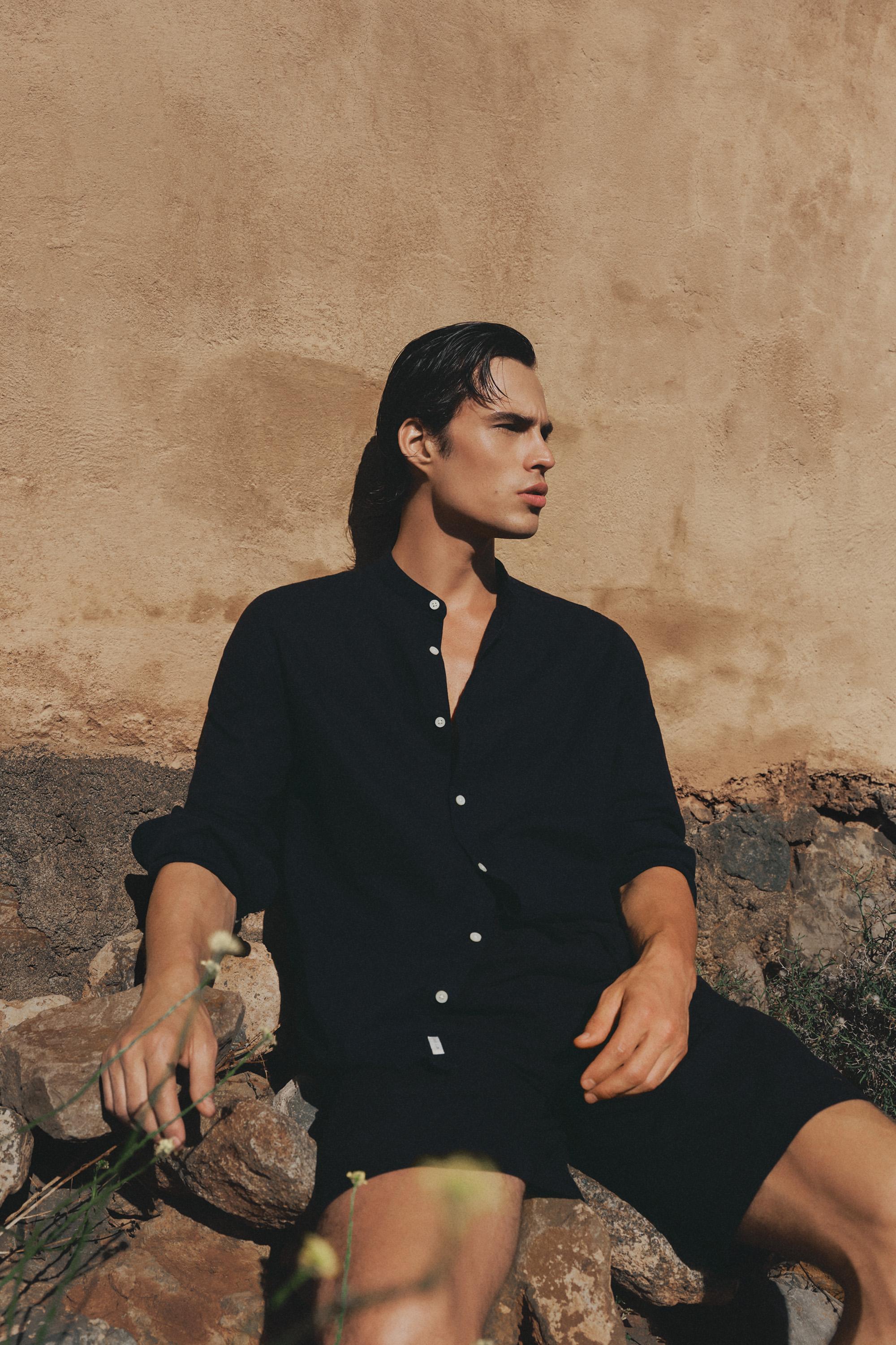 Linen and cotton stand collar shirt — BLACK