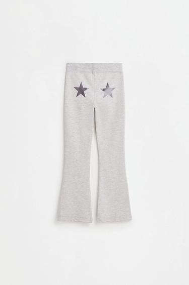 Star print fleece bell bottom leggings — PALE GREY 2
