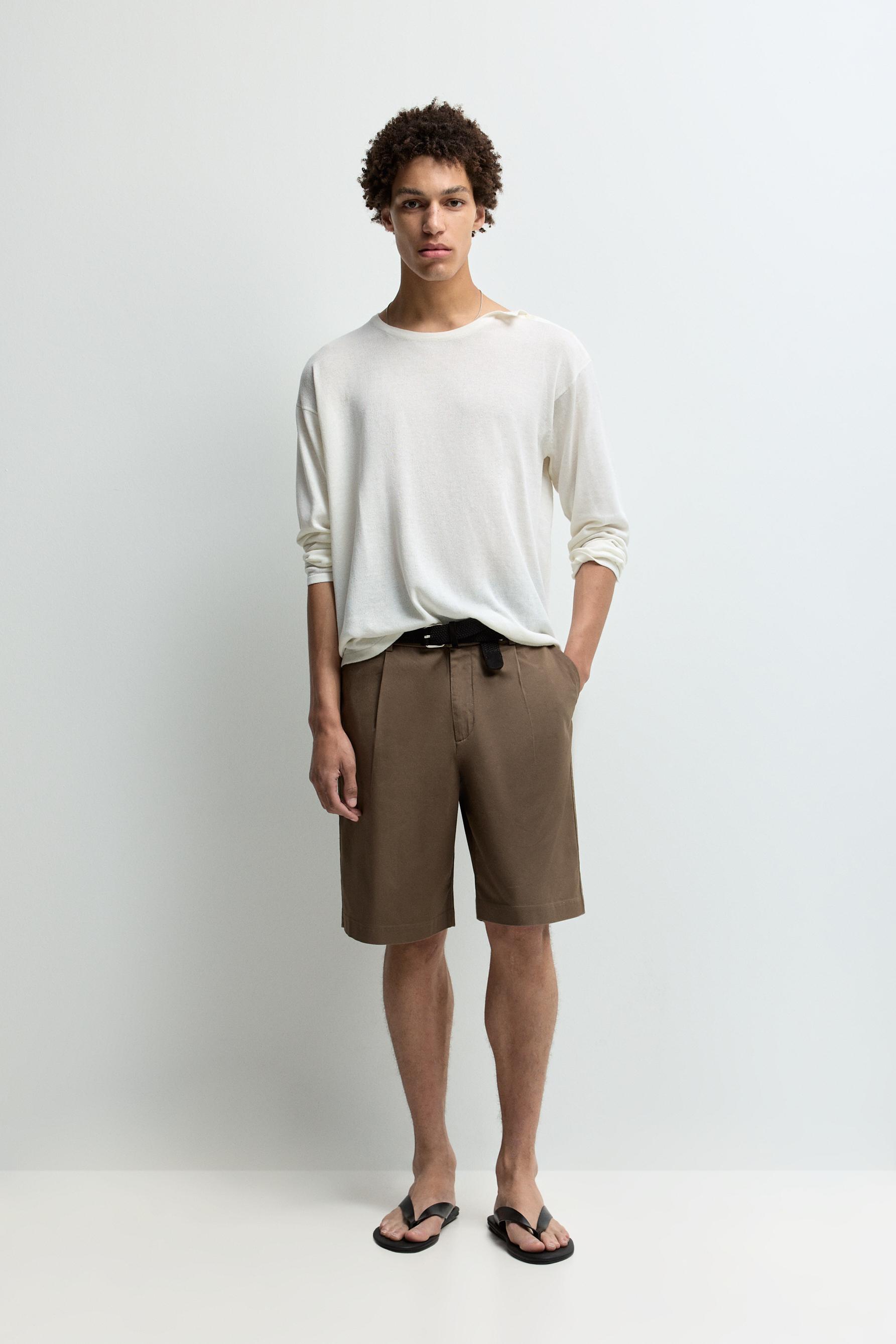 Pleated chino Bermuda shorts — BEIGE
