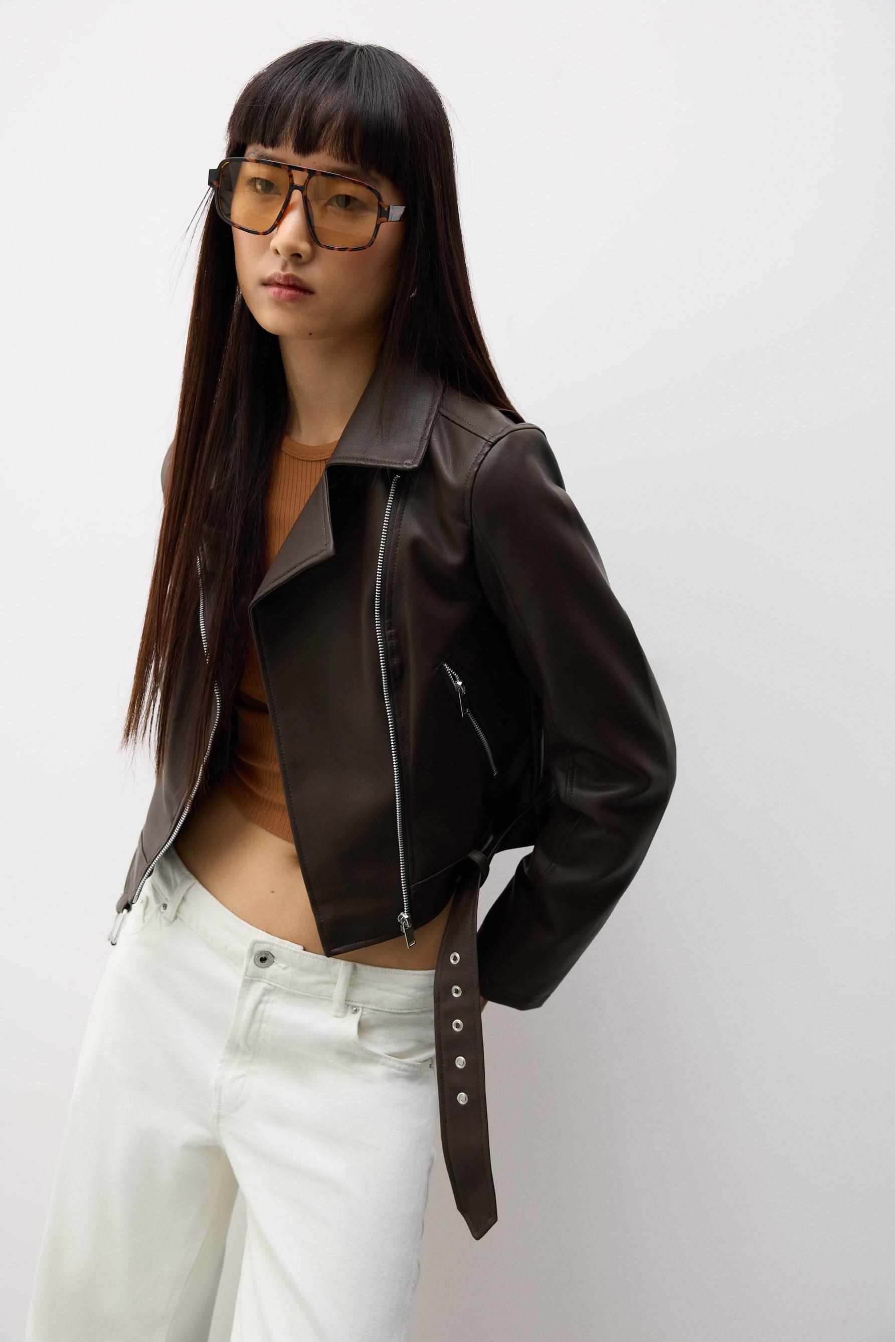 Leather-effect biker jacket — CHOCOLATE