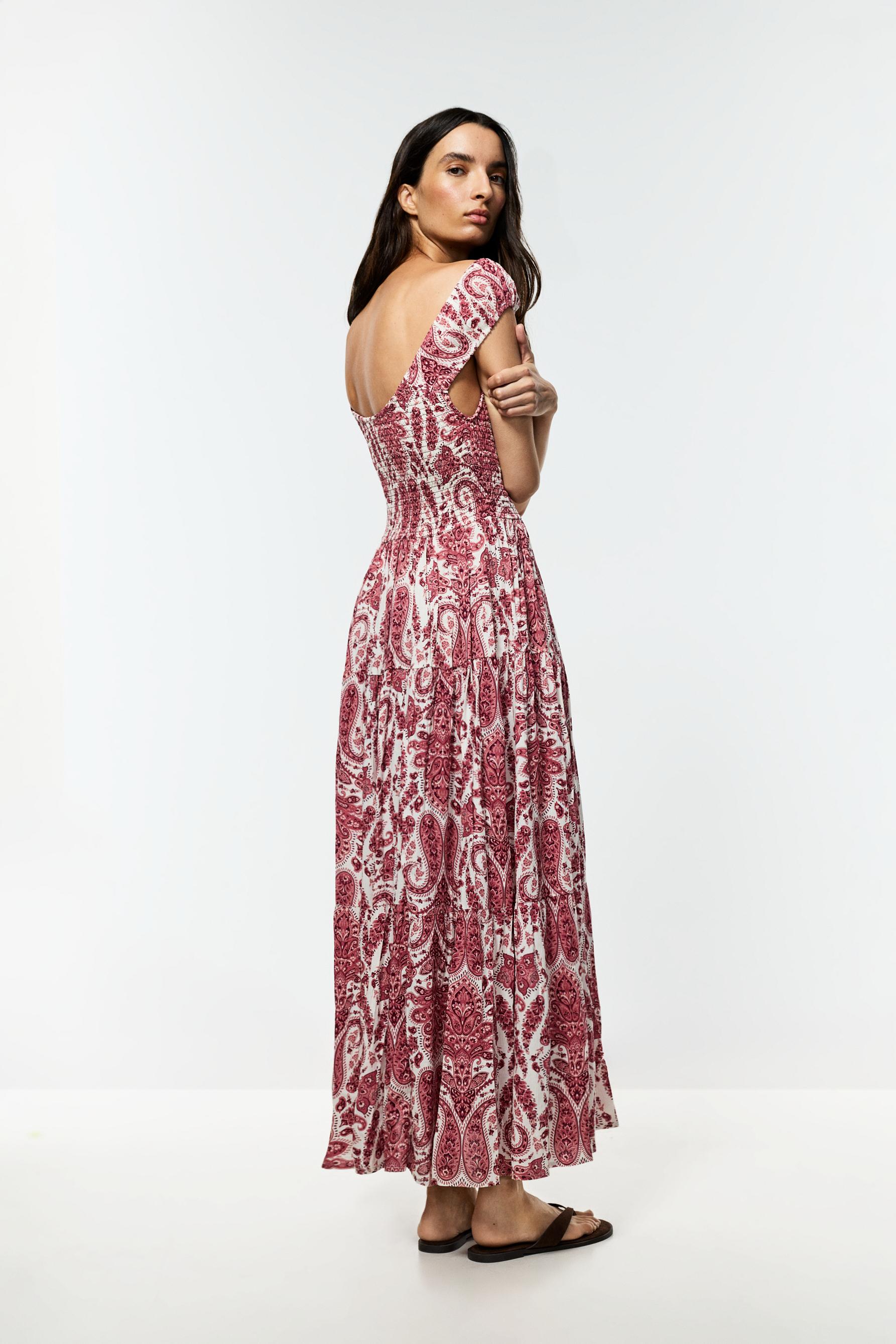 Smocked midi dress — BURGUNDY/ECRU