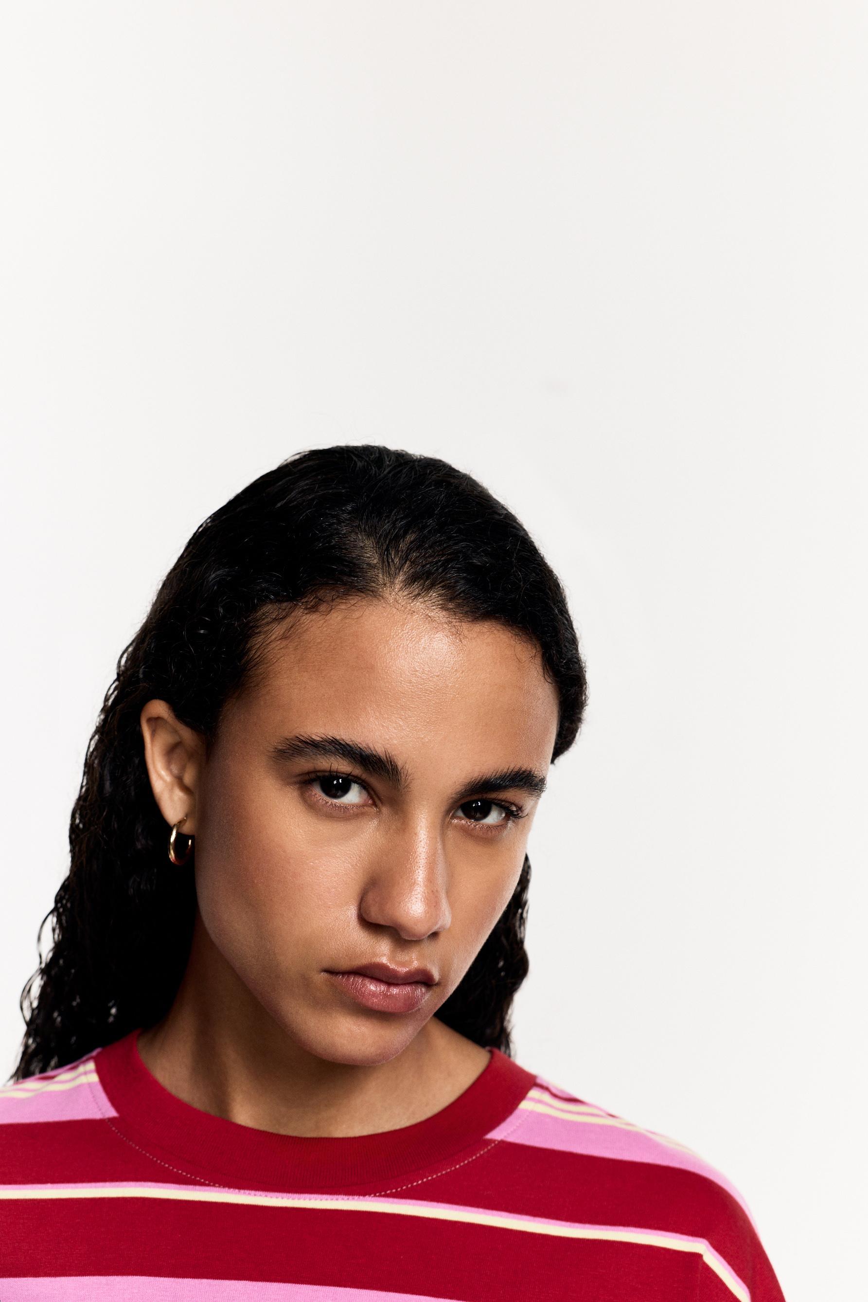 Women's Beige Striped T-Shirt — FUCHSIA