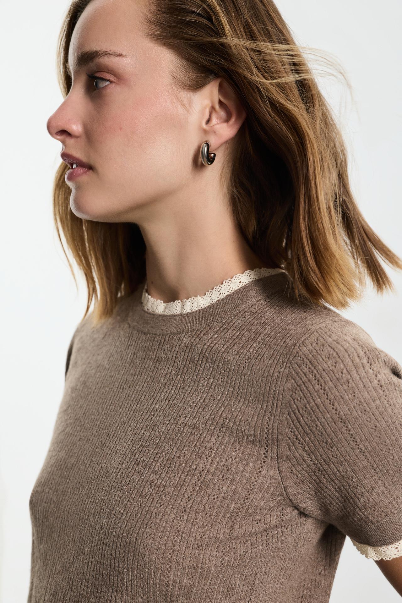 Pointelle short sleeve sweater — TAUPE BROWN