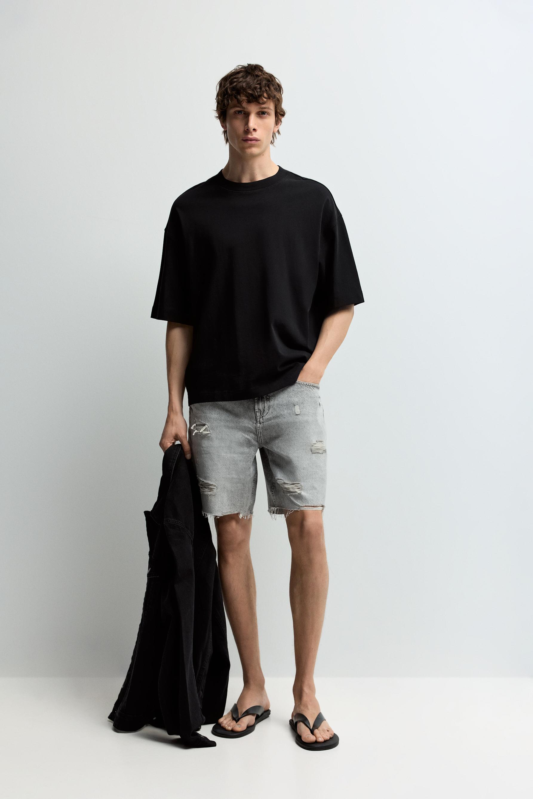 Ripped denim Bermuda shorts — PALE GREY
