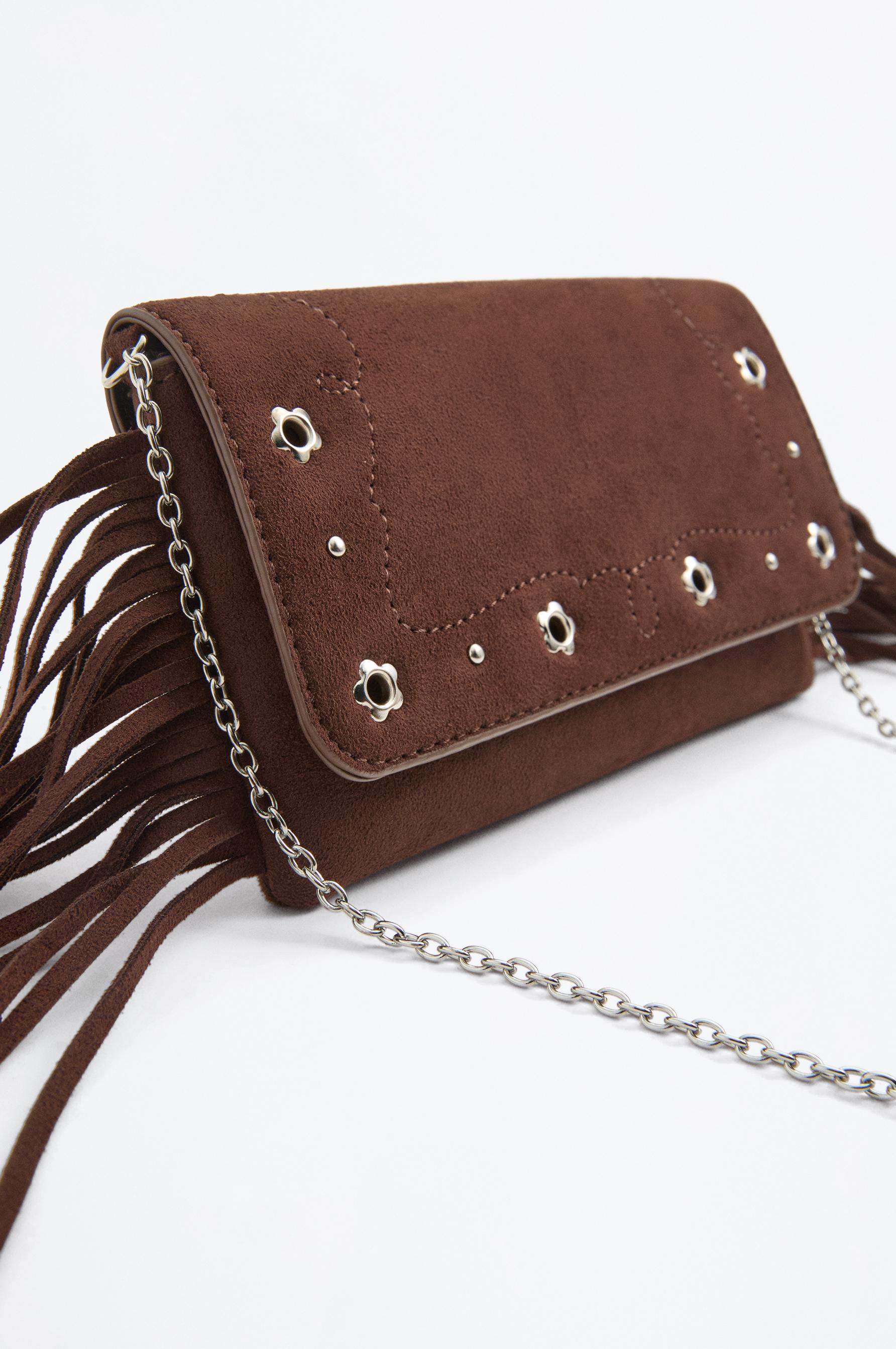 Fringed crossbody bag with flower detail — BROWN